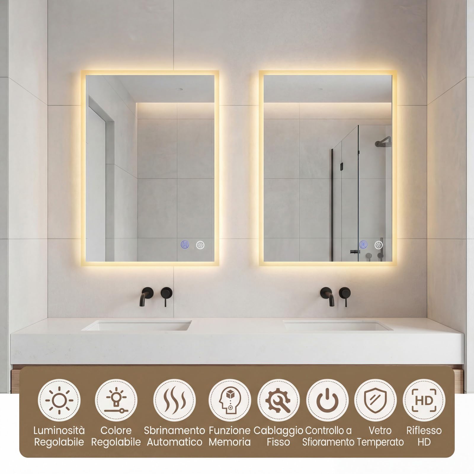COSTWAY Specchio da Bagno LED 70 x 50 cm, Specchio da Parete Rettangolare con Anti-appannamento, Memoria, 3 Colori di Luce, Dimmerazione Continua e Vetro Temperato Infrangibile (70 x 50 x 3 cm)