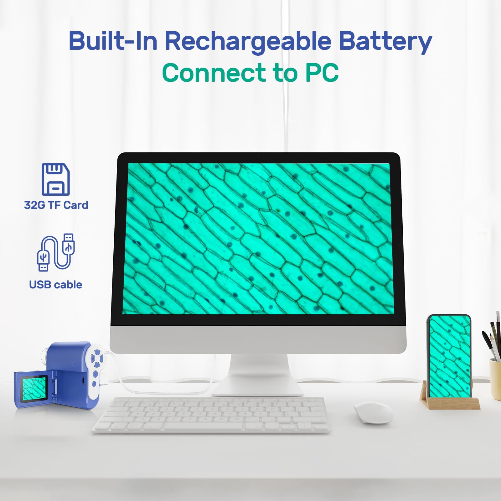 USCAMEL Digital Microscopio para Niños Portatil: 1000X Magnificación Pantalla 2.0" Microscopio Portatil Recargable - 6 Láminas Educativas Niños 5-12 Años - Jardín Casa Escuela - Regalo Chicos (Azul)