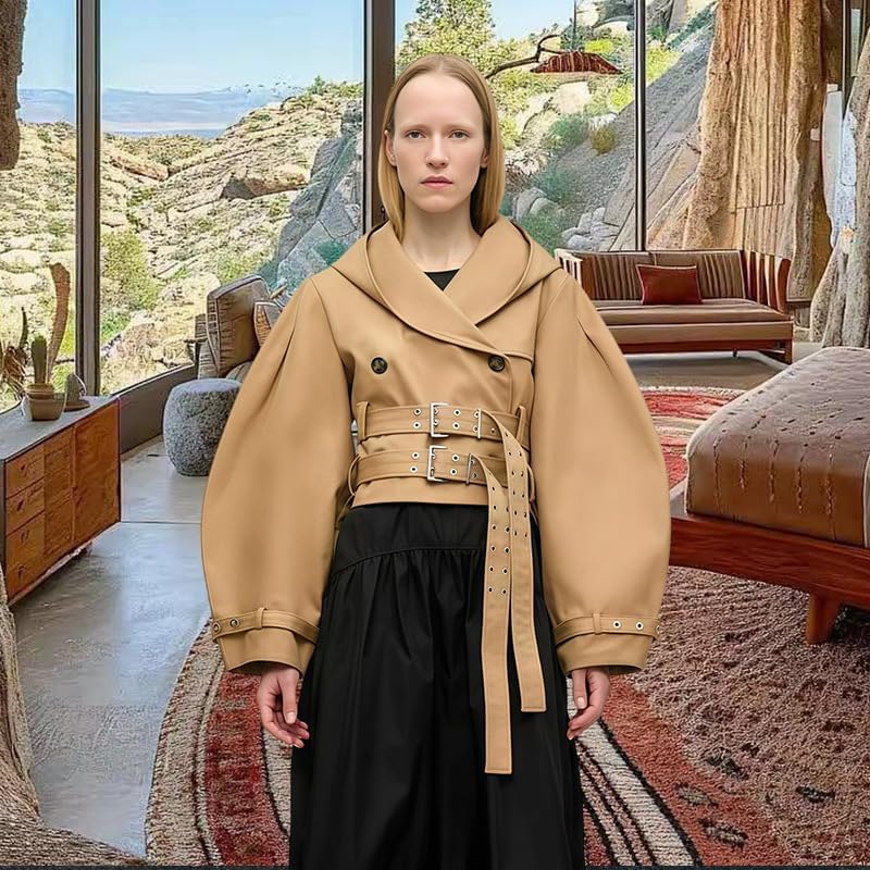 Molilove Women's Button Down Hooded Jacket Sweatshirt Casual Long Sleeve Belted Crop Jackets Coat Fall Windbreaker Outerwear - Image 3