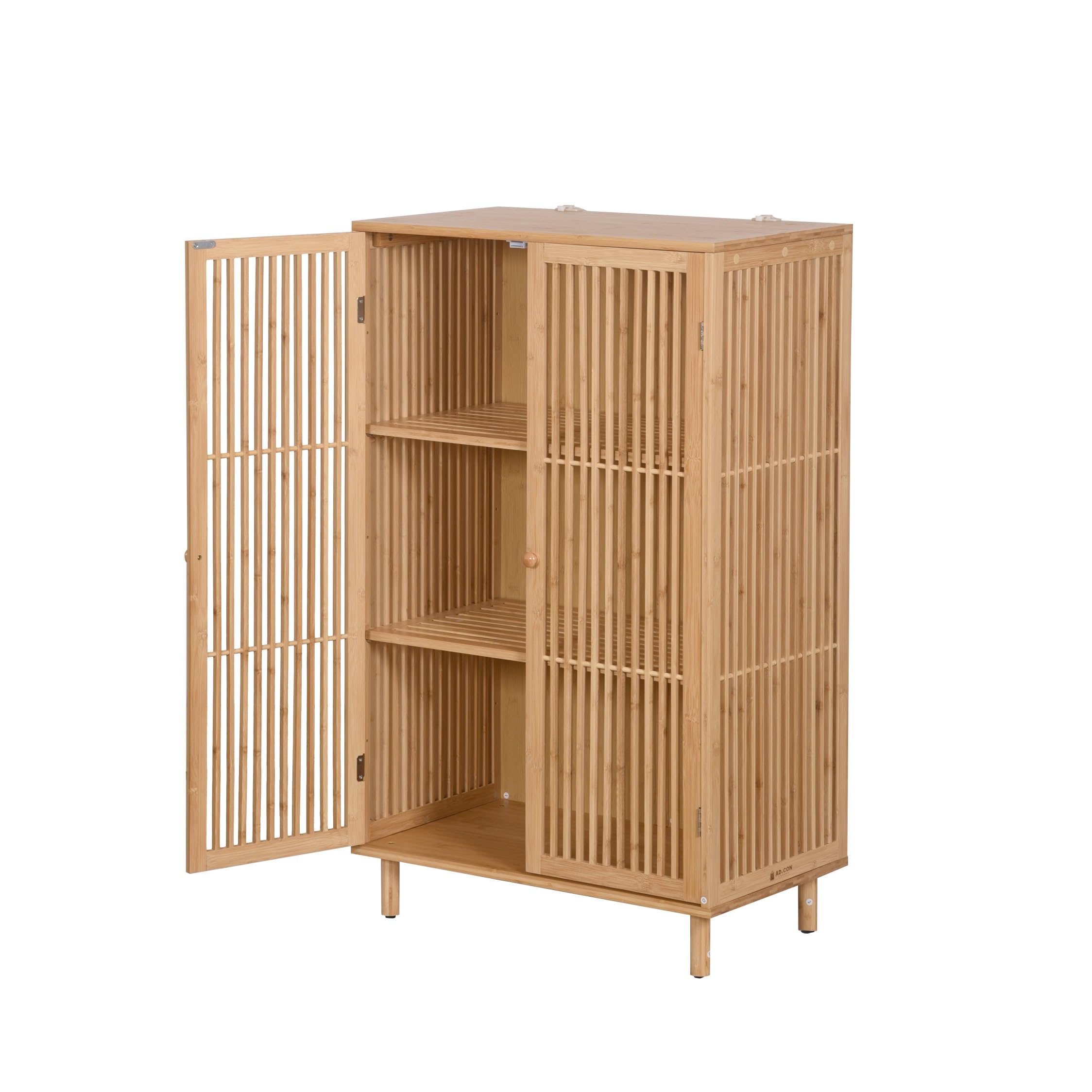 Beistellschrank mit 2 Türen Bambusschrank Kommode Schrank aus Bambus mit 3 Ablageflächen Aufbewahrungsschrank 110x66x40cm Natural