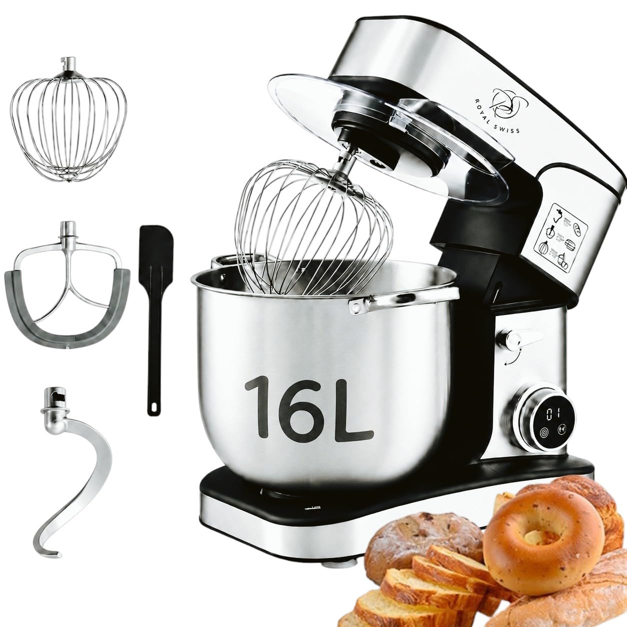 Royal Swiss ® Robot Pâtissier Professionnel 16L XXXXL 2800W, grande capacite - 12 Vitesses + Timer, Bol Inox, Ultra Puissant Pain, Pizza & Pâtisserie, patissier, Usage Intensi, Bol Inox Pâtissier