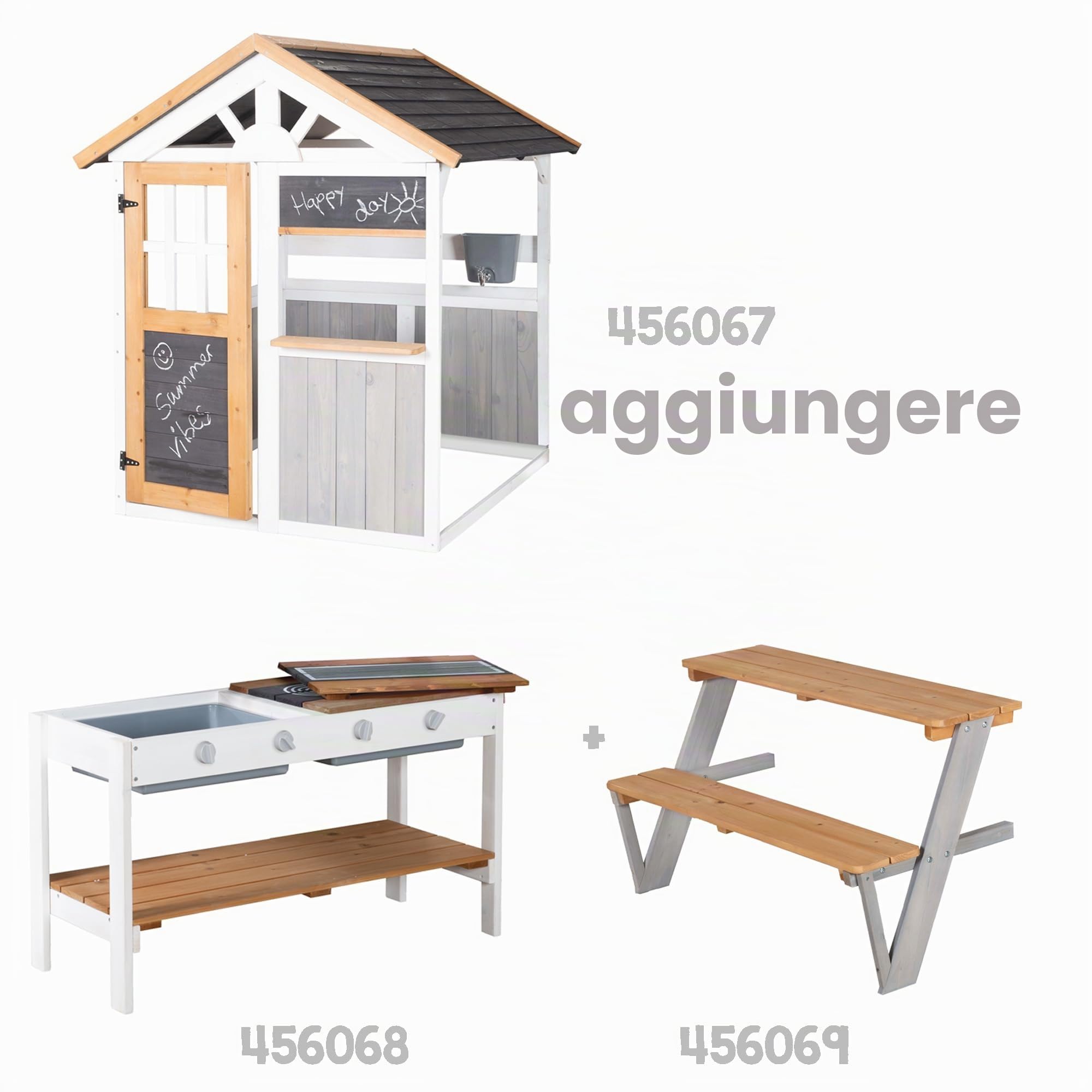 roba Casetta da gioco outdoor – Gioco da giardino in legno per bambini da 18 mesi – Banco vendita & rubinetto – Expandibile con cucina e tavolo da picnic – Multicolore