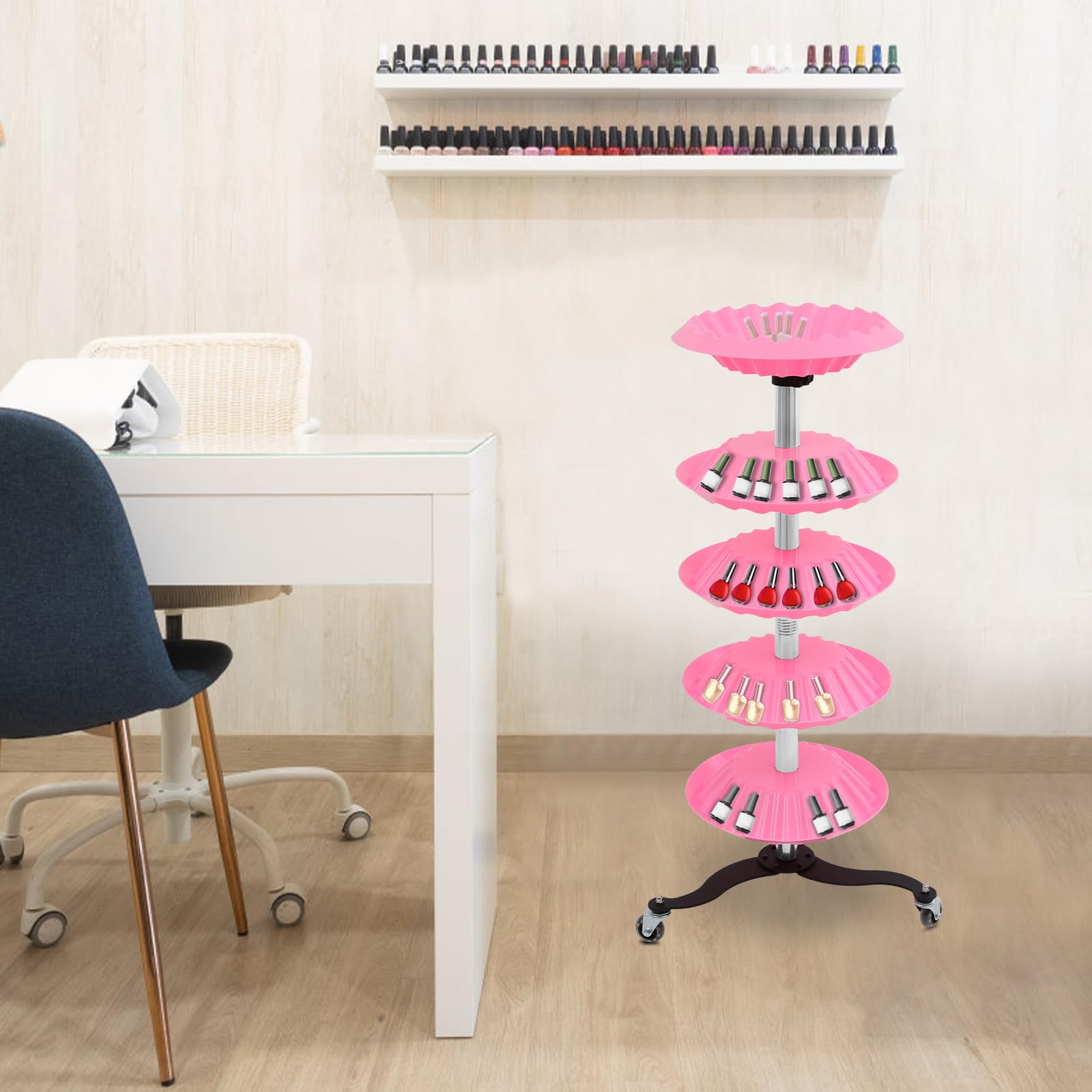 Supporto girevole per smalti a 5 livelli, con ruote e funzione di rotazione a 360° | Organizer girevole a 5 ripiani con ruote: robusta struttura in acciaio inox e fissaggio sicuro grazie alle scanalature