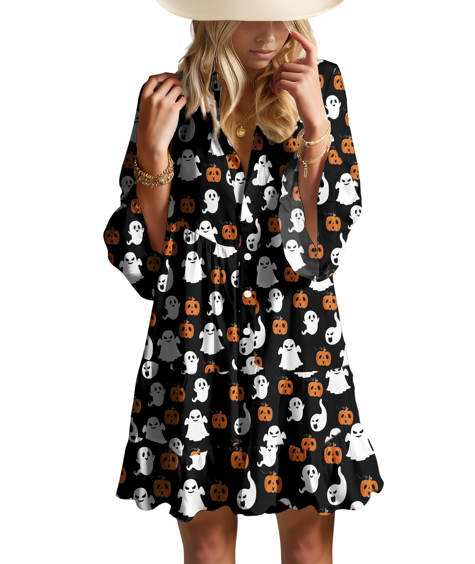 Opemiby Summer Dresses for Women 2026 Flowy Ruffle 3/4 Sleeve V Neck Tiered Casual Babydoll Boho Beach Mini Dress