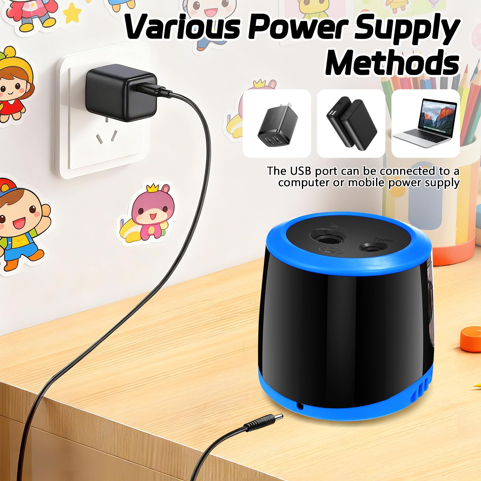 Elektrischer Anspitzer, Anspitzer mit Behälter Elektrisch, Pencil Sharpener Batterie und USB Zwei Mode mit 6 Klingen und 1 Bürste, 2 Größen Bleistiftspitzer Dicke für Kinder (Kreisförmig)