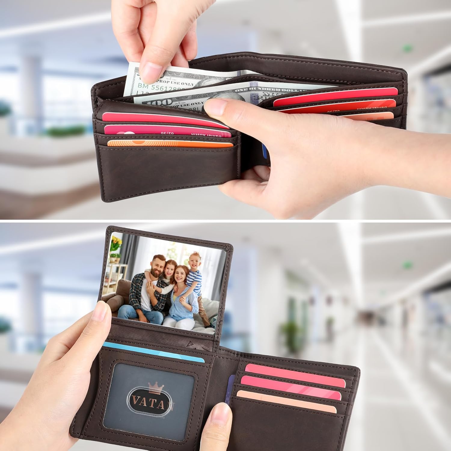 VATAN Wallet for Men Slim RFID Blocking Leather Credit Card Holder Wallet for 15 Cards, Bifold Minimalist Thin Wallet with 2 ID Windows & Cash Slot, With Gift Box (Crazy Horse Deep Brown) - Image 3