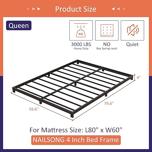 Miniatura 2 de Base de cama Queen tamaño 4 pulgadas de perfil bajo, base de cama Queen no necesita somier, metal resistente, fácil montaje, negro