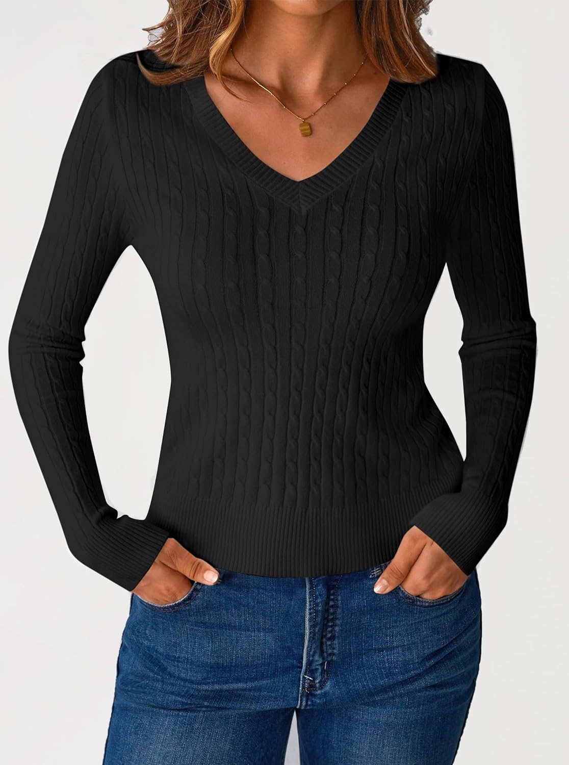 Women's Long Sleeve V Neck Cable Knit Sweater Jumper 2025 Fall Pullover Top Cute Soft Ladies Dressy Casual Outfits - Image 7