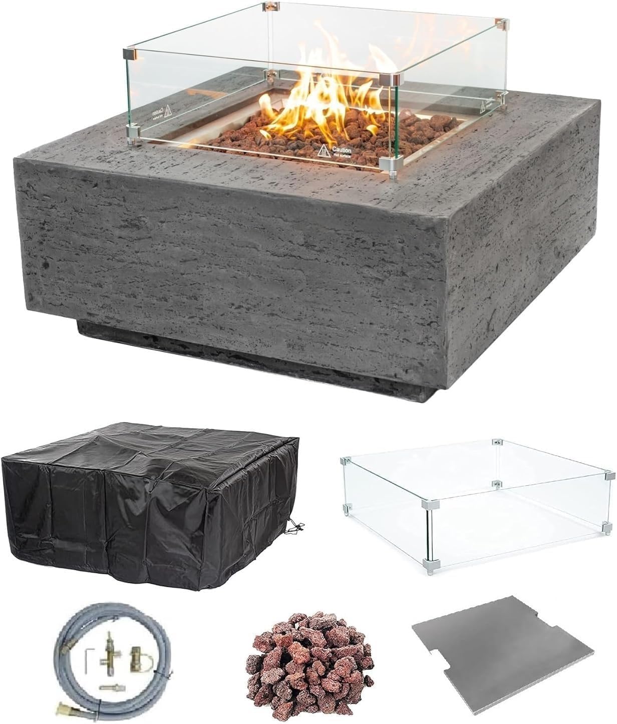 AMS Creations | Albany 36 inches Square Natural Gas Outdoor Fire Pit Table | Concrete GFRC Fire Pit Table | with SS Lid, Canvas Cover, Lava Rock and Wind Guard Included