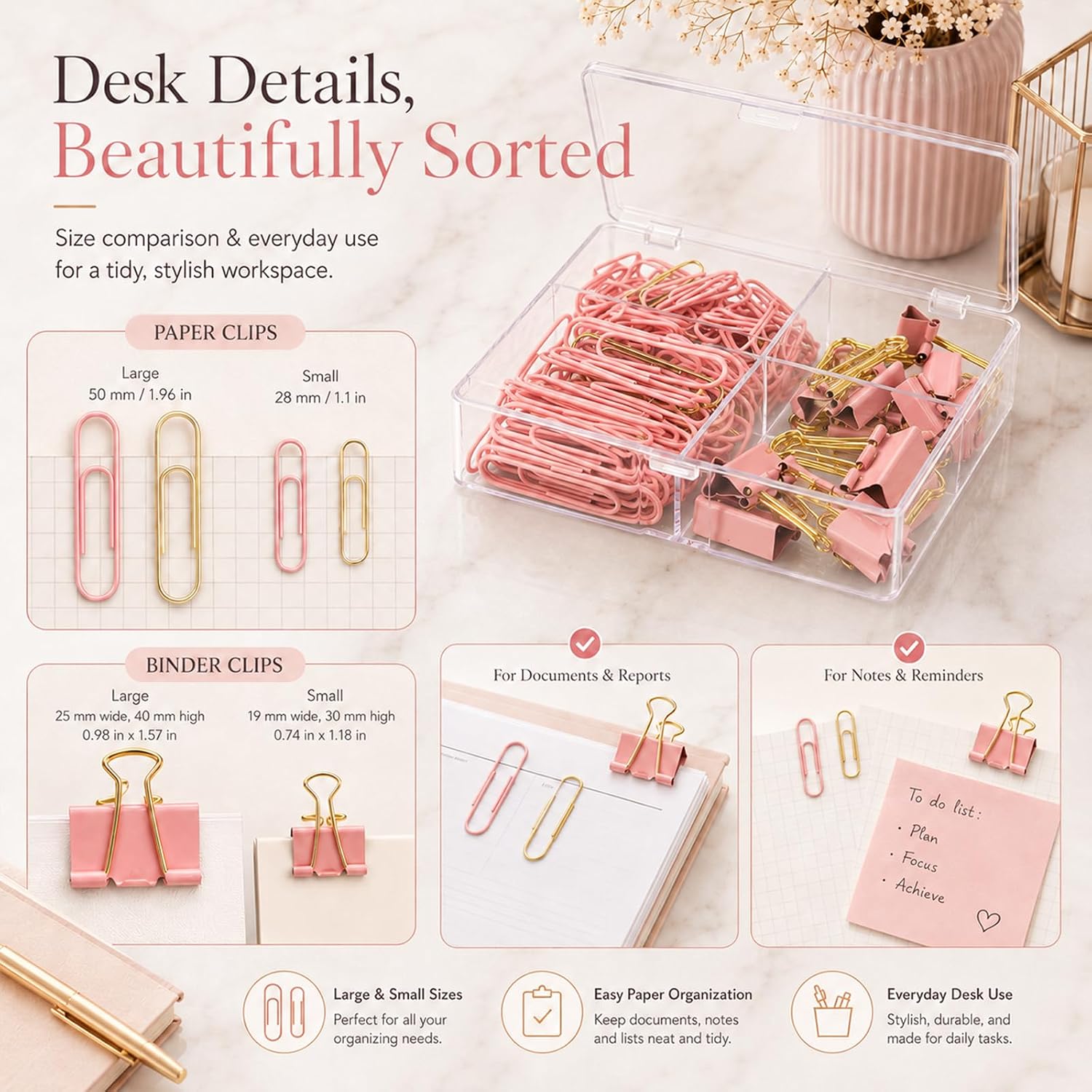 Paper Clips and Binder Clips Set, Pink & Gold, Assorted Size Clips image 4