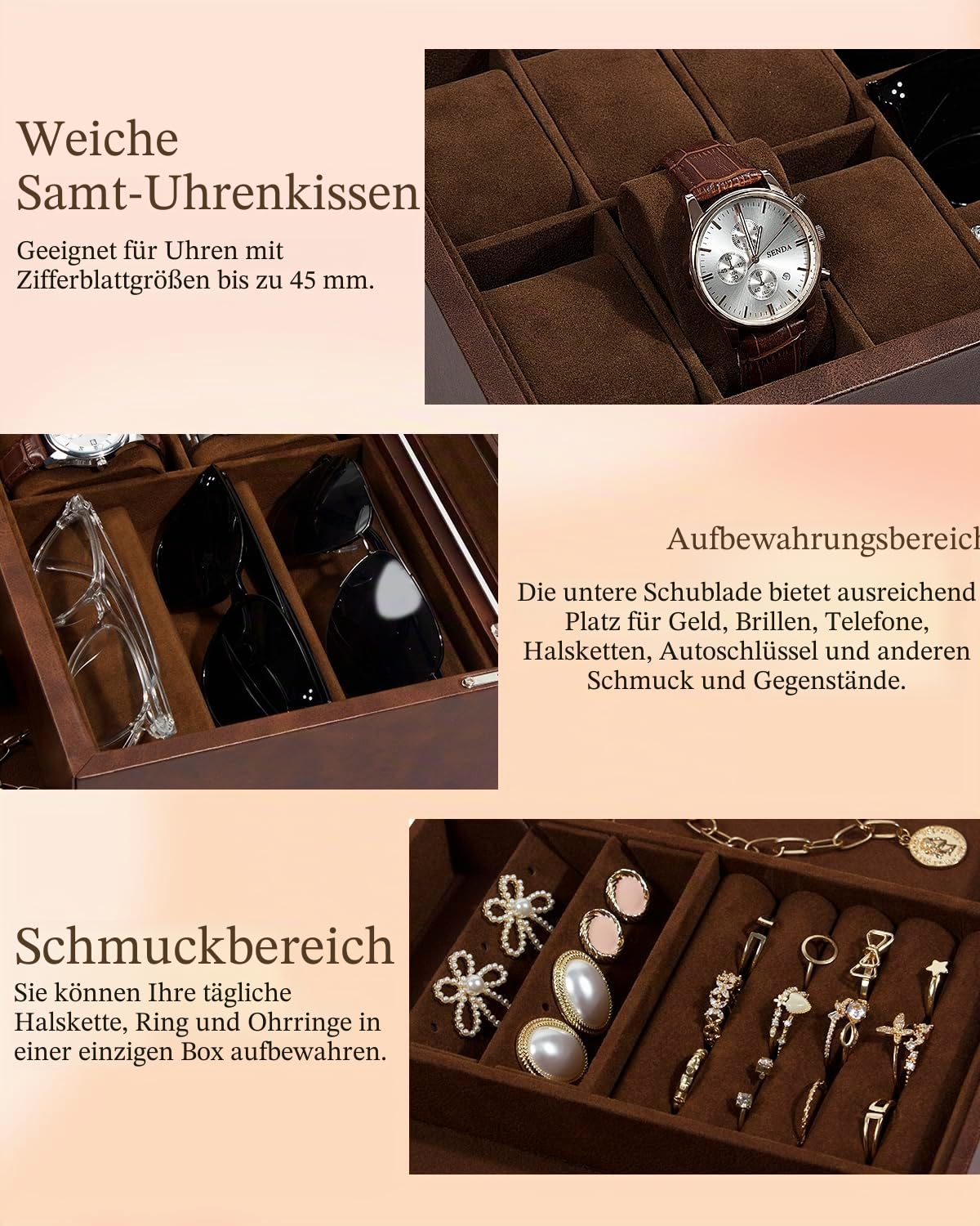 Uhrenbox, 6 Fächer, Uhrenetui, 3 Fächer, Brillen-Organizer, Herren-Schmuckschatulle mit transparentem Glasdeckel, doppellagig mit Schlüsselschloss, Geschenk, Braun