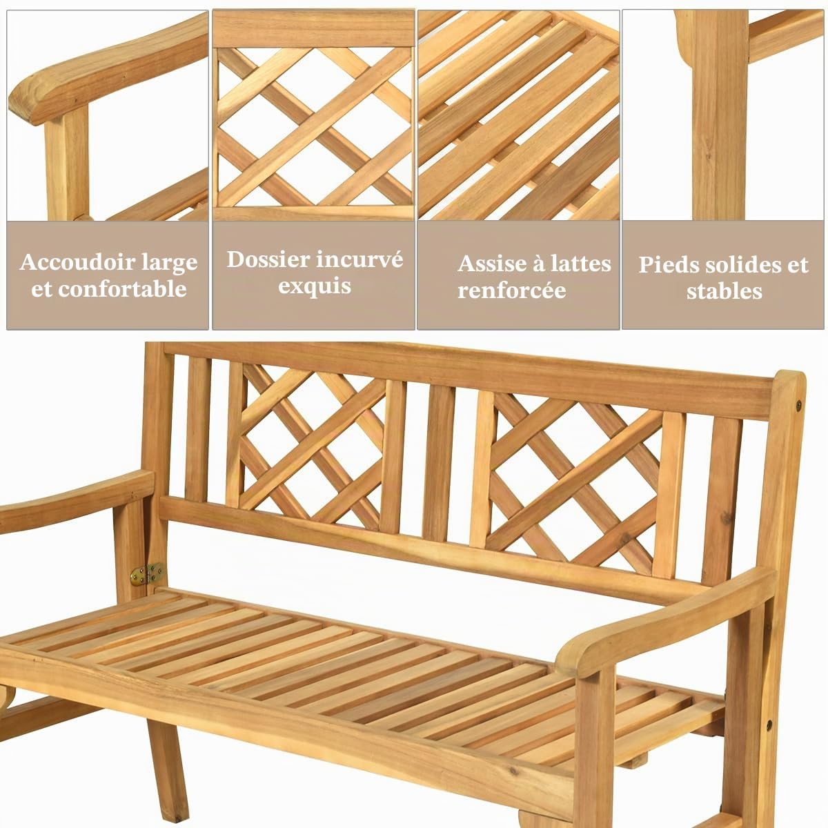 KOMFOTTEU Banc de jardin pliable pour extérieur, banc de jardin portable en bois d'acacia avec charge de 320 kg, banc 2 places pour terrasse, balcon, jardin