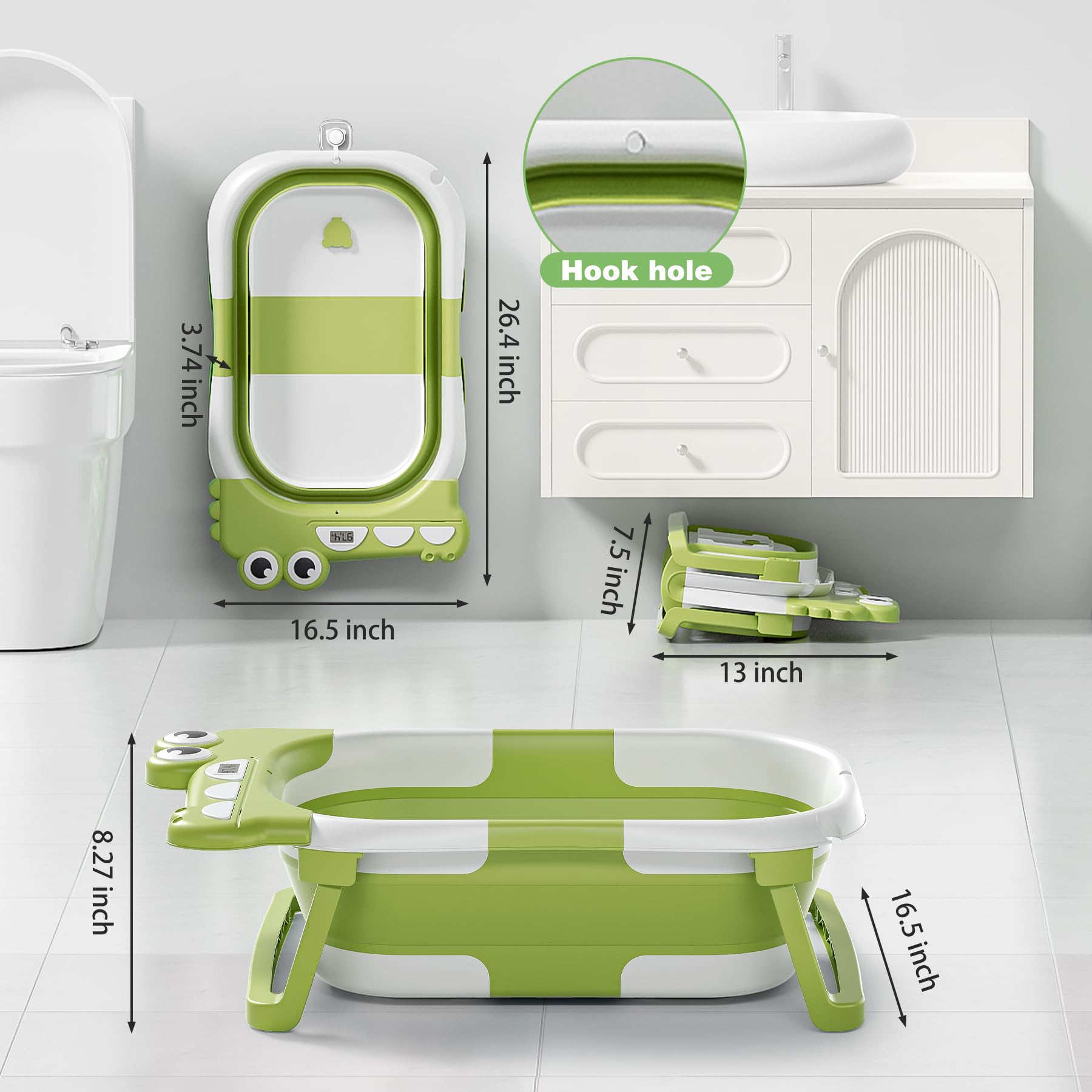 Bañera plegable de cangrejo para bebé recién nacido con termómetro y 1 cojín flotante suave y agujero de drenaje, bañera de viaje plegable y portátil para recién nacidos y niños pequeños de 0 a 36