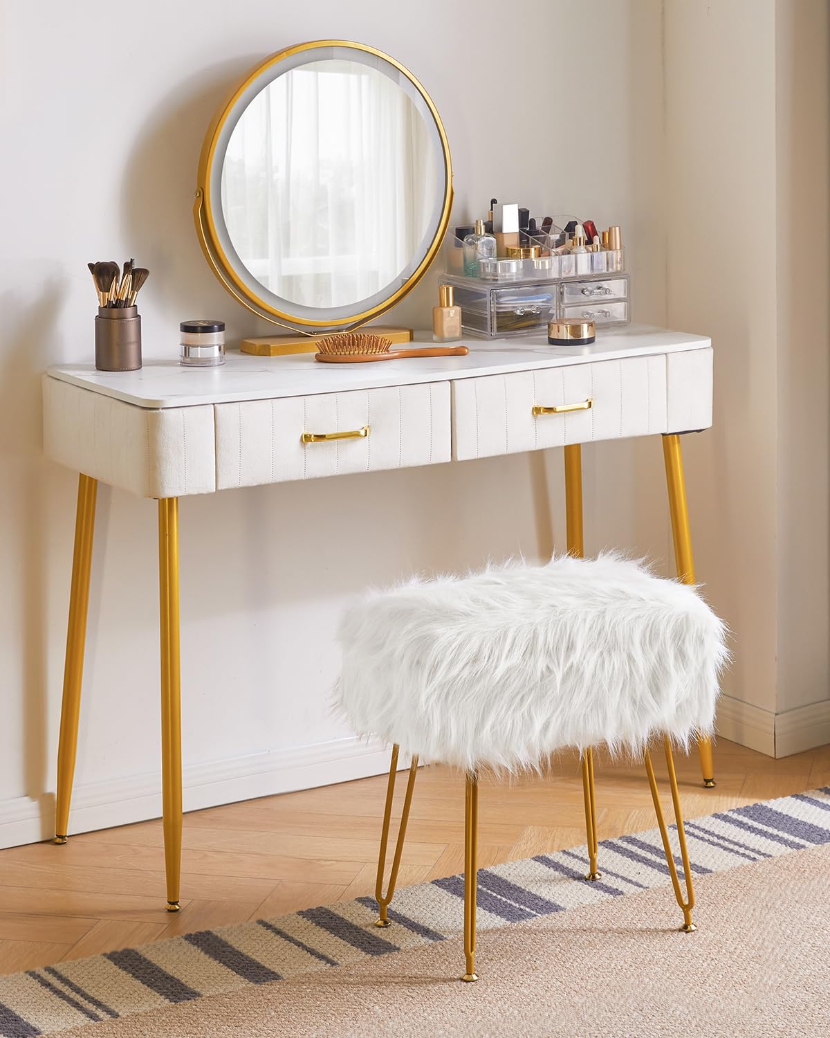 IBUYKE Tabouret Fausse Fourrure vanité avec Stockage, Blanc WBD022W