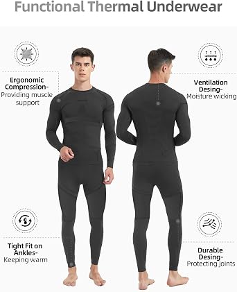 NOOYME Men's Thermals Base Layers Ski Compression Top & Bottoms Set