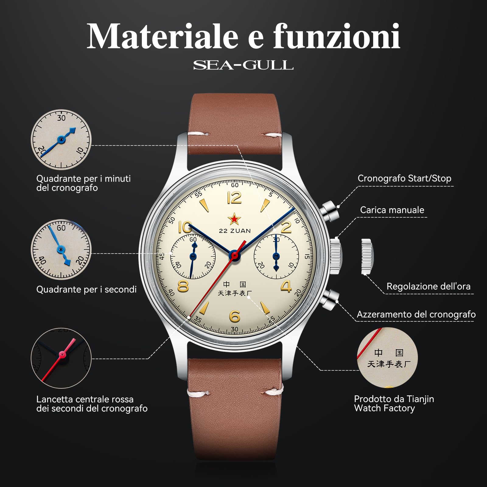 Sea Gull Orologio da polso meccanico da uomo, Seagull 1963 Aviation Cronografo Pilot Orologio meccanico a carica manuale, edizione internazionale GD 1963, ST1901