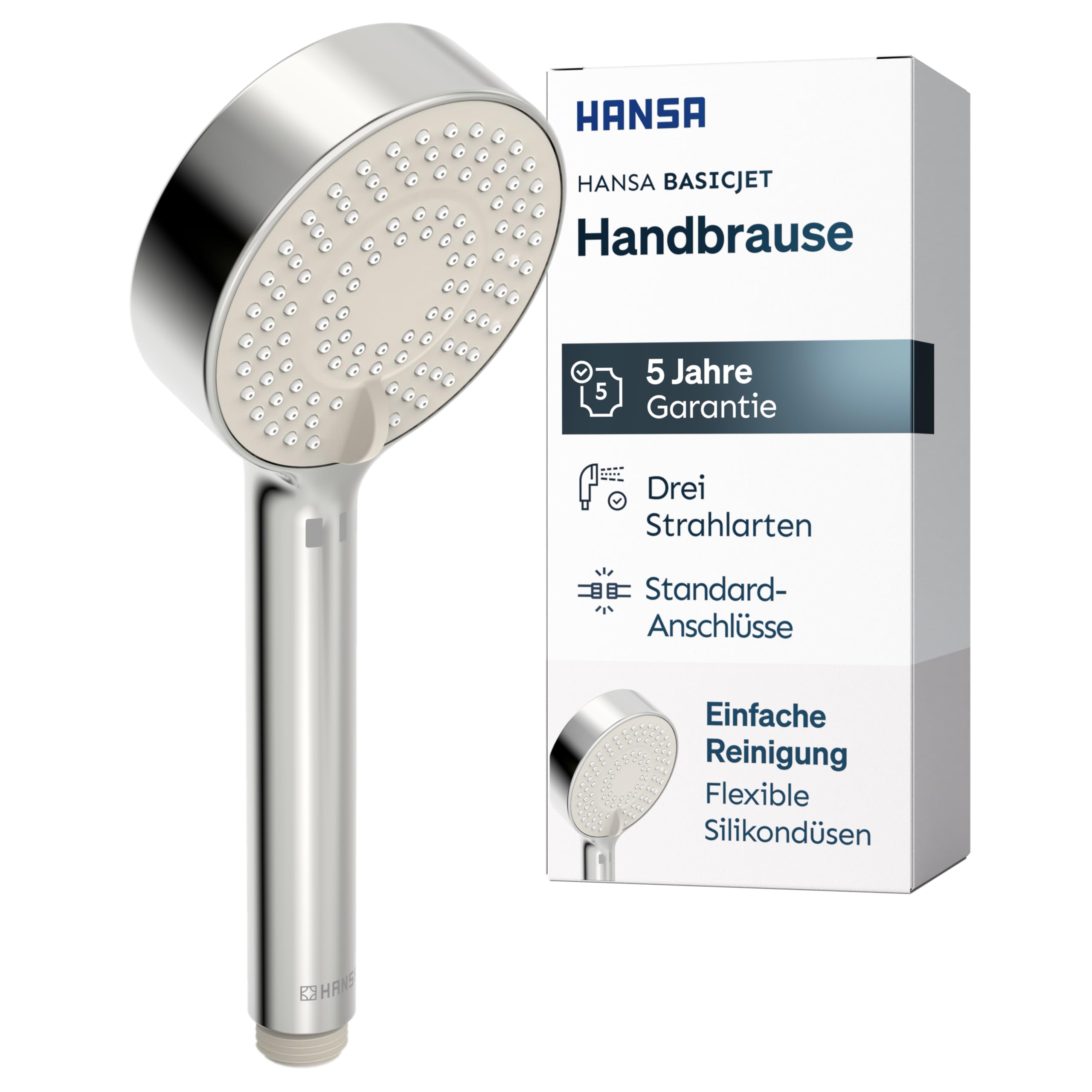 HANSA BASICJET Duschkopf mit 3 Strahlarten I Handbrause Dusche I Anti-Kalk Funktion I Brausekopf 95 mm Durchmesser | Standard G 1/2 Anschluss | Chrom