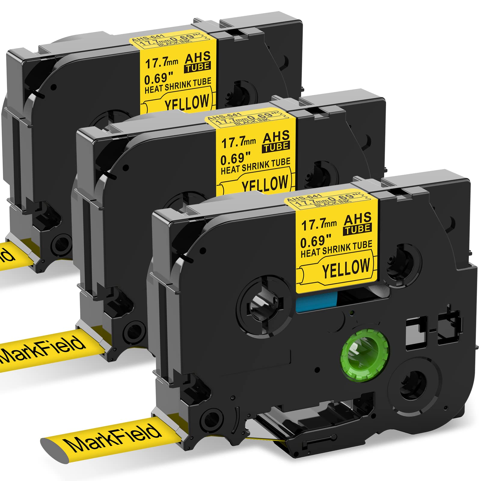 3x MarkField HS HSe-641 Nastro Adesivo Termorestringente Compatibile con Brother P-touch PT-E300 E500 E550W E800W H500, 17.7mm x 1.5m, Nero su Giallo, HSe641 Heat Shrink Tube Etichette