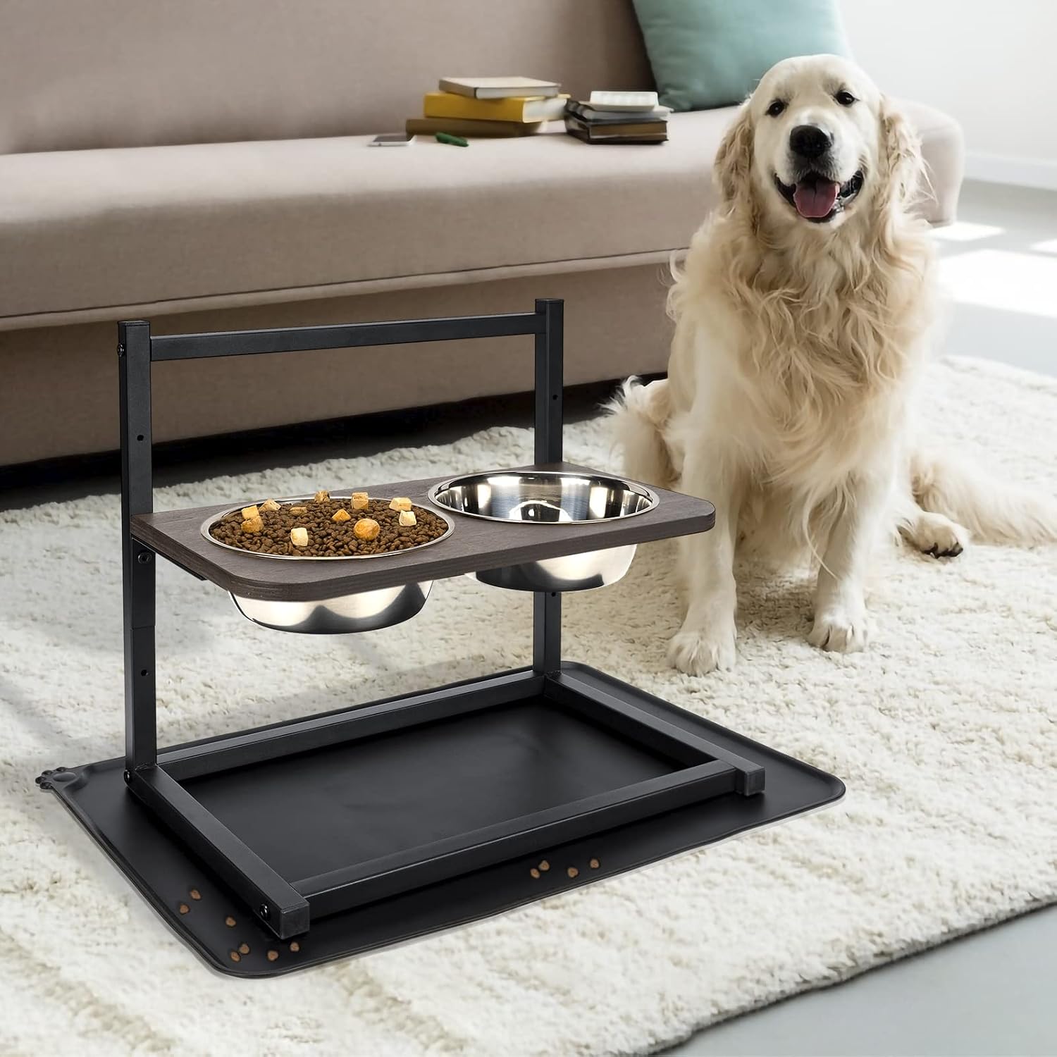 Emfogo Dog Bowls Elevated Dog Bowls Stand Adjustable Elevated 3 Heights5in 9in 13in with Spill Proof Mat Raised Dog Bowl for Large Dogs 16.5x16 inch