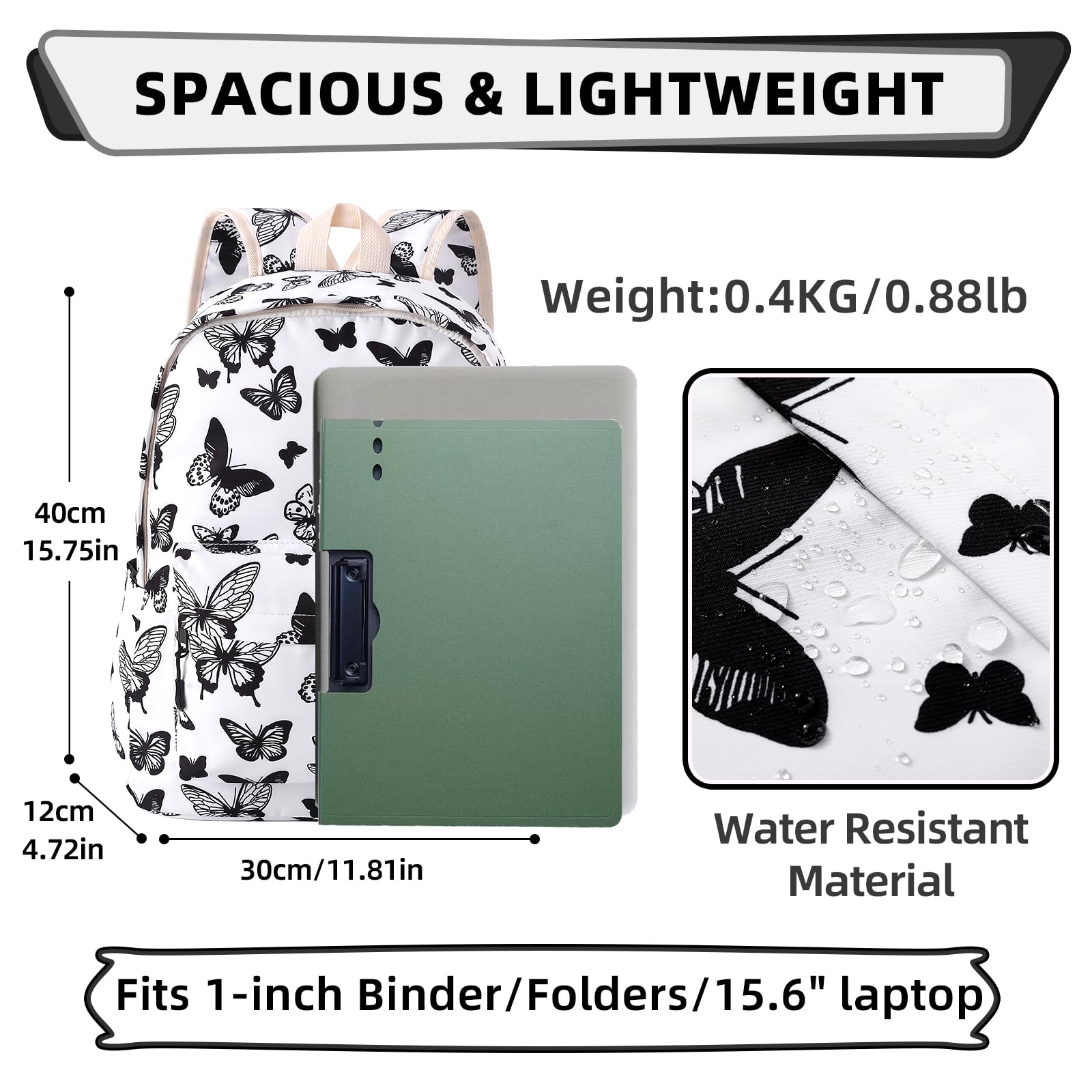 Unineovo Backpack for Girls, Lightweight Butterfly School Backpack, Waterproof Travel Backpacks, 15.6 inch Laptop Bag for Elementary, High School, Girls, Teens, Women