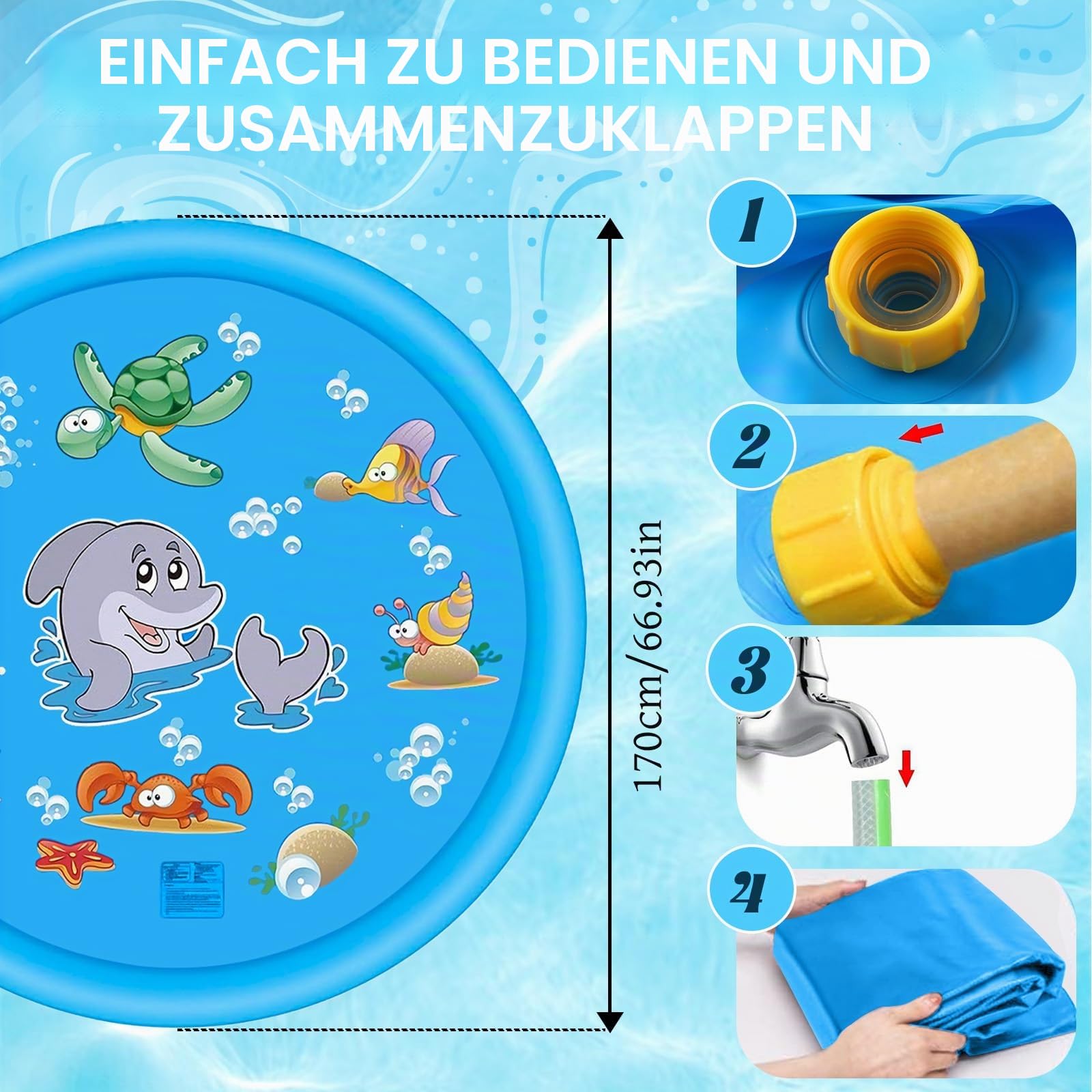 Splash Pad 170cm Anti-Rutsch Sprinkler Matte, Faltbarer Splash Sprinkler Pad, Sprinkler Play Matte für Kinder und Haustiere für Sommer, Garten, DraußEn