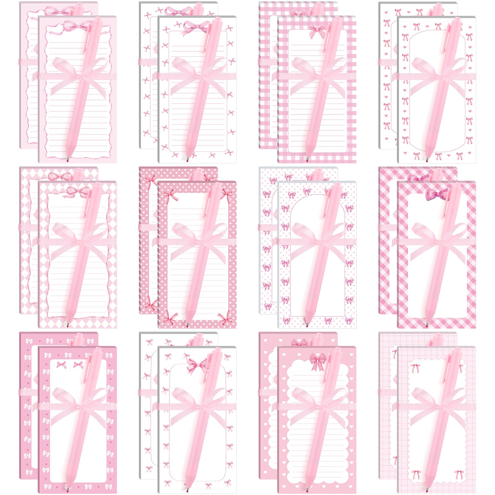 Haftnotizen und Stifte mit rosa Schleife, 48-teiliges Set, rosa Haftnotizen, adrette, ästhetische selbstklebende Notizblöcke, Kugelschreiber für Mädchen, Kokette, Schulbedarf, Schleife, Partygeschenke