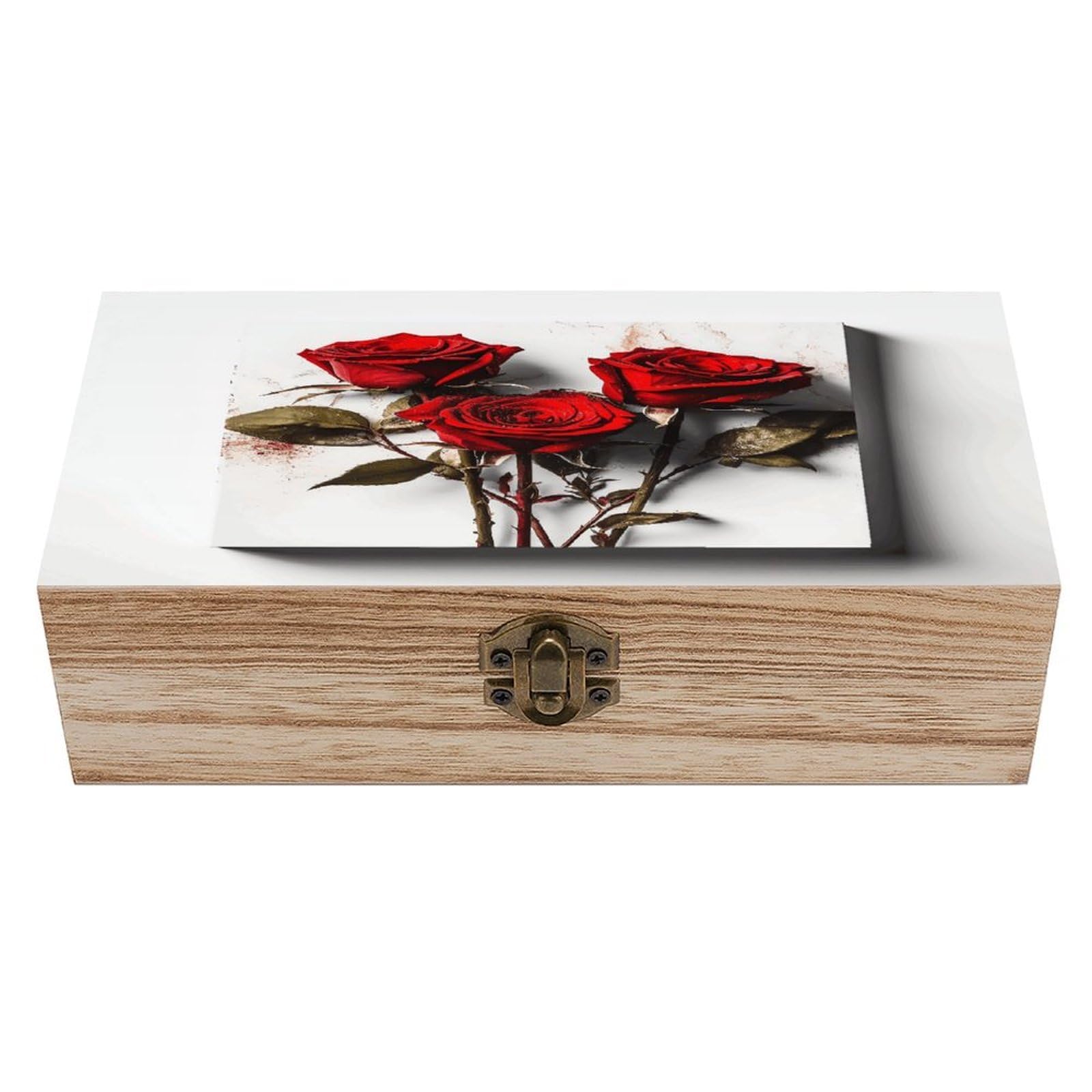 Btcowzrv Style Hand Drawn Rose Wooden Storage Box, Keepsake Box With Hinged And Retro Lock, Wood Jewelry Organizer For Photos & Mementos And Home Decor