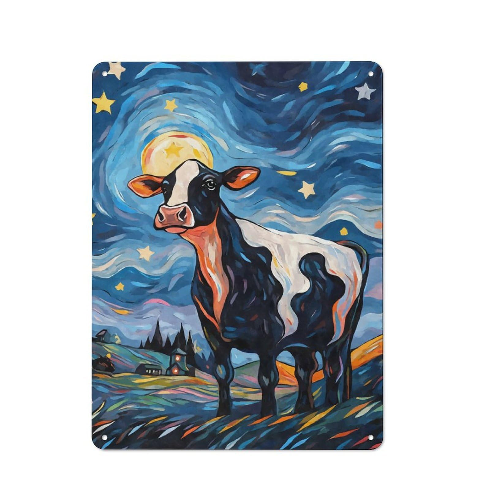 Junmoney Style-24 Tin Wall Plaque 40X30cm With Cow Starry Night For Man Cave Or Games Room, A Christmas Gift For Leisure-Room Decor Enthusiasts