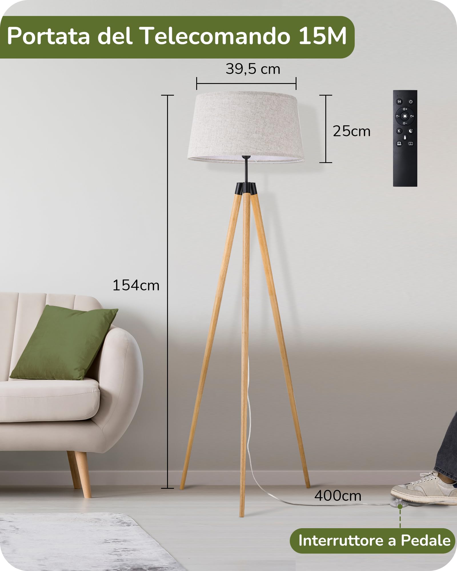 EDISHINE Lampada da Terra, Treppiede in Legno, LED Dimmerabile, Boho