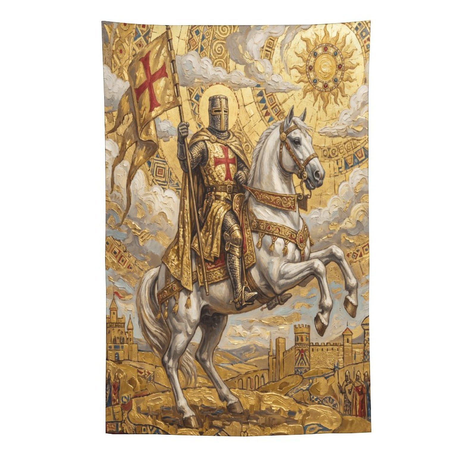 W7C8U2X3 Crusader Knight Wall Tapestry, Medieval Illustration, Bed
