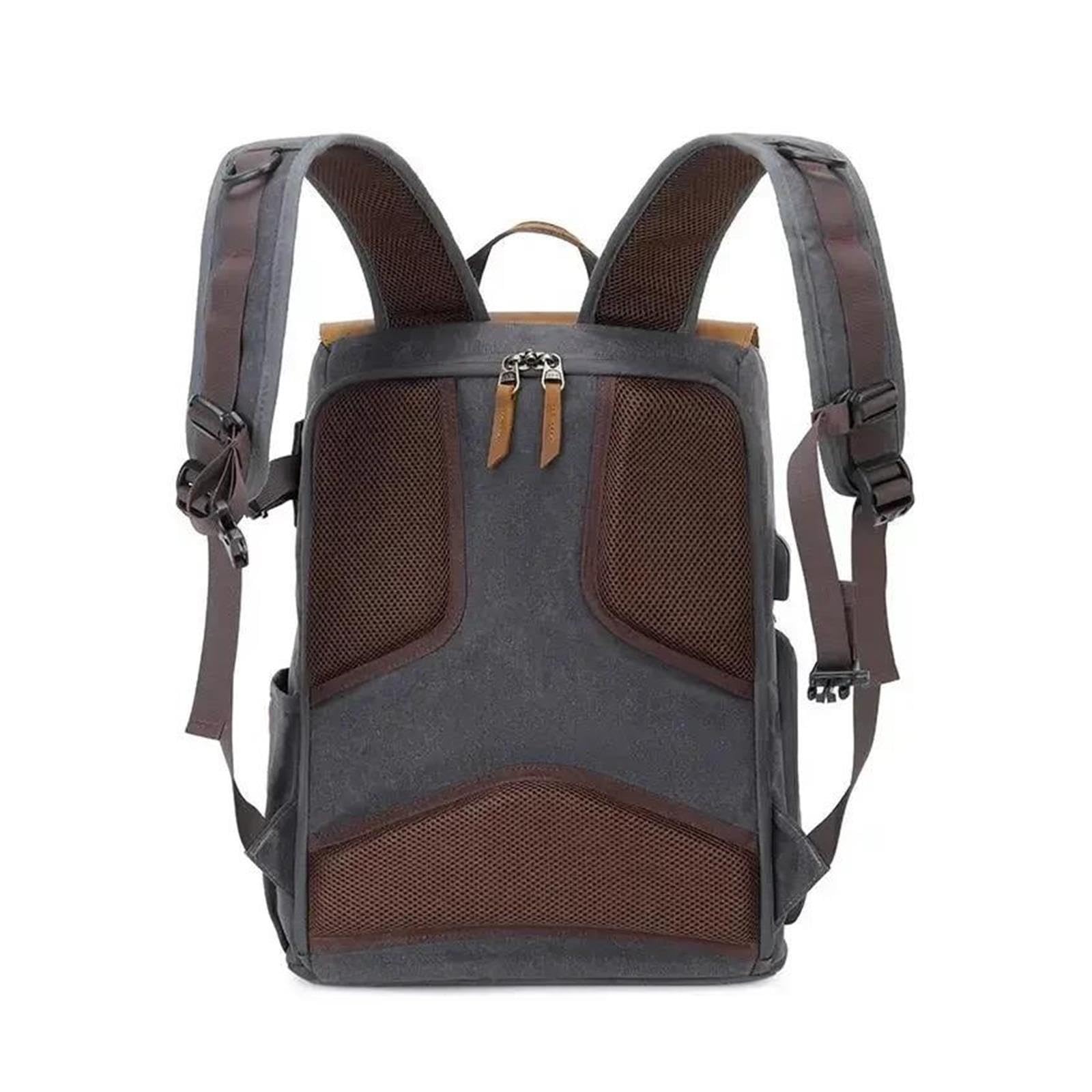 Waterproof Waxed Canvas Camera Backpack with USB Port | Waxed canvas material,waterproof design,USB charging port(Small-camera-gray)