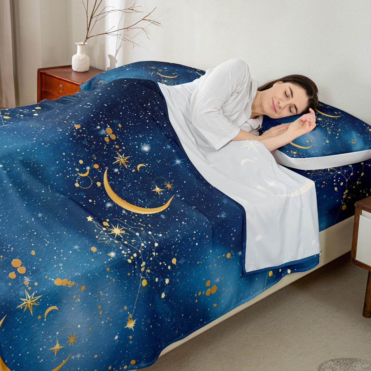 Gold Stars Moon Sheet Set Queen Size,Galaxy Constellation Bedding Set 4Pcs for Kids Girls Boys Adult Room Decor,Navy Blue Tie Dye Bed Sheet Fantasy Luxurious Fitted + Flat Sheet,2 Pillowcases