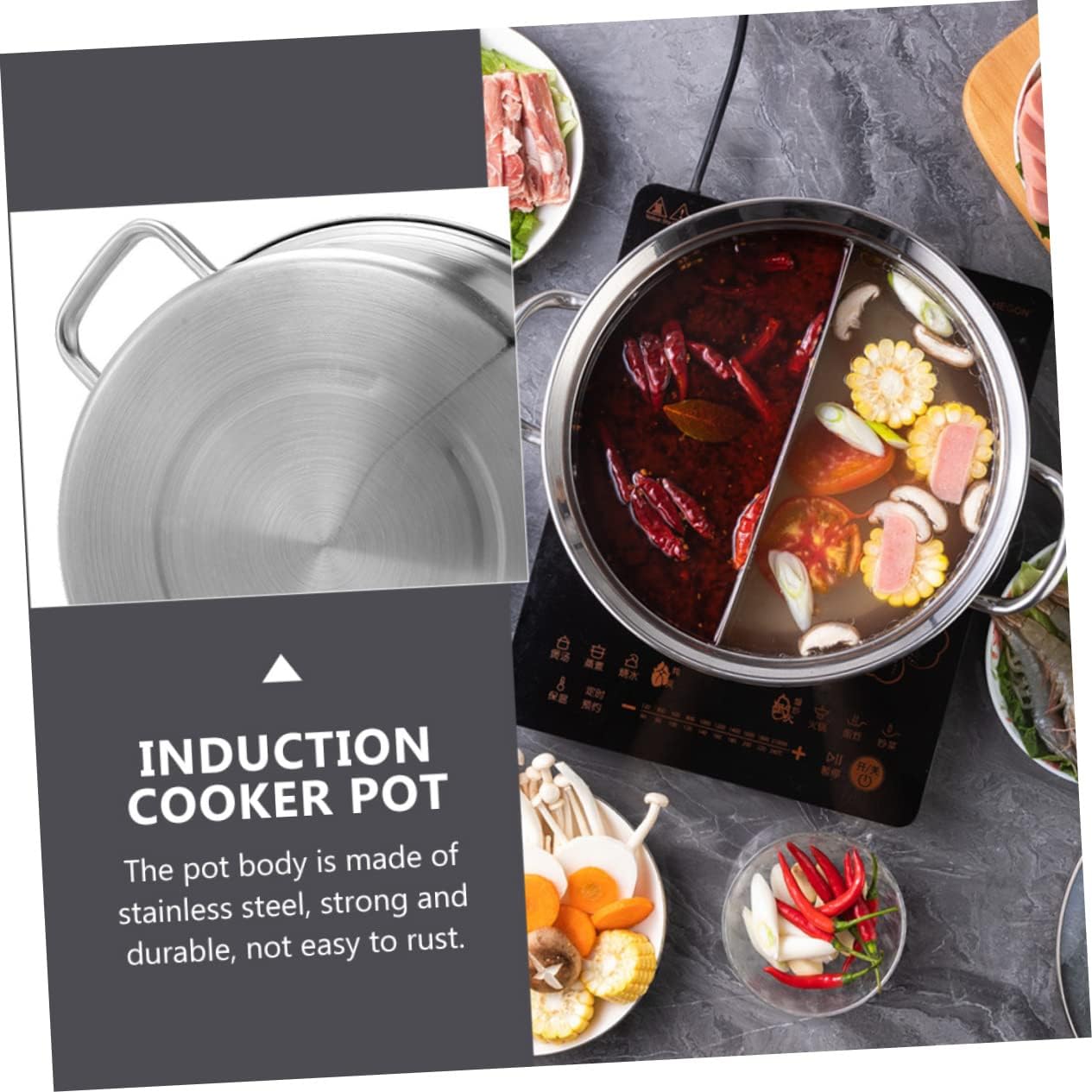 SECFOU Stainless Steel Dual Flavor Hot Pot Multifunctional Induction Cooker Pot for Home Cookware for Gatherings and Parties Includes Tempered Cover