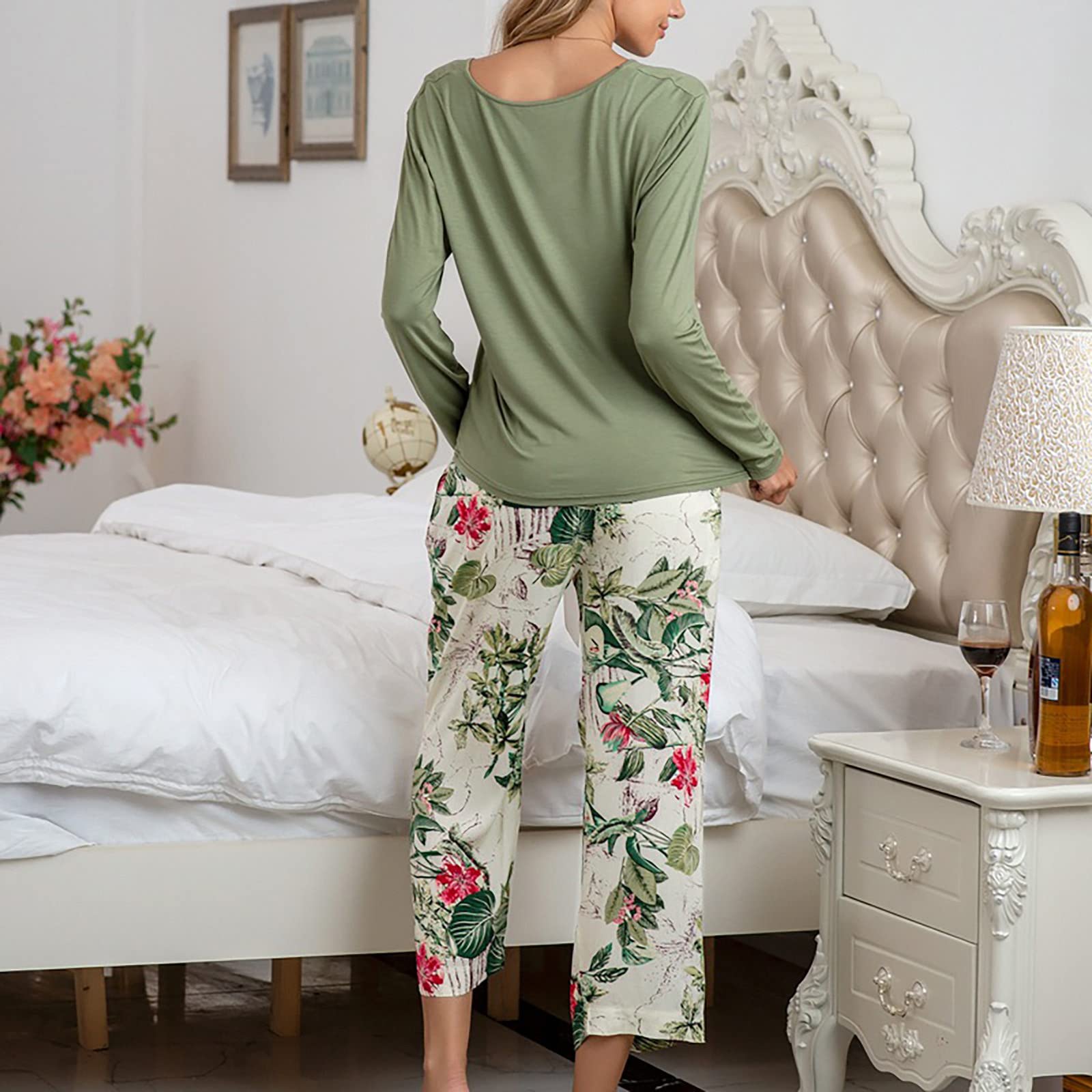 Generisch Pyjama long en coton pour femme - Motif floral - Col rond - Vêtement de nuit pour femme - Doux - Deux pièces - Ensemble de maison chaud pour l'hiver avec cordon de serrage - Vêtement de
