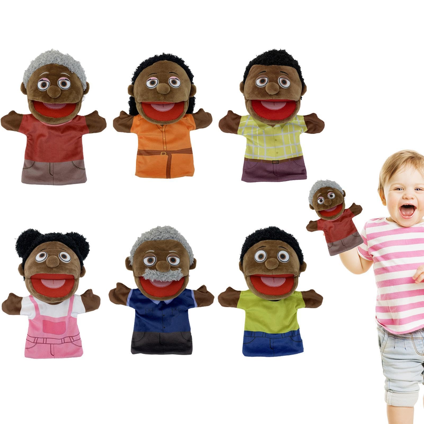 Burattini di famiglia per bambini - 6 pupazzi multiculturali per ragazza e | ragazzo,Membri della famiglia multiculturale da 28 cm, marionette da teatro con bocca mobile, forniture per aule per insegnan
