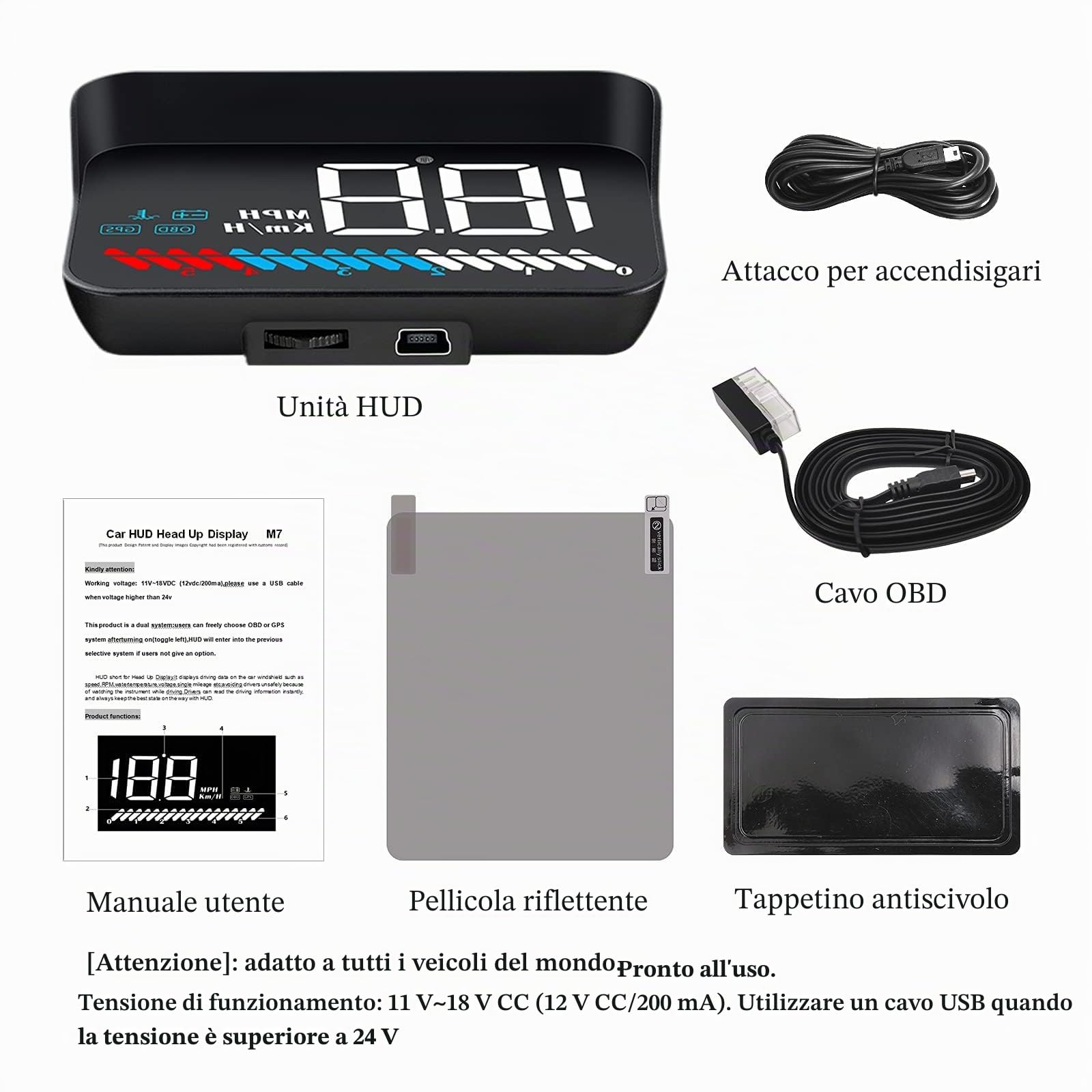 Wiiyii, HUD Head Up Display M7, OBD/GPS, Smart Gauge, velocità di guida, giri del motore, tensione, temperatura dell'acqua, ecc., funziona alla grande per tutte le auto