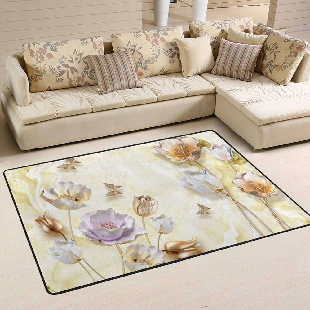 Grand tapis de salon beige clair à fleurs de tulipe dorée pour la maison 203x147 cm