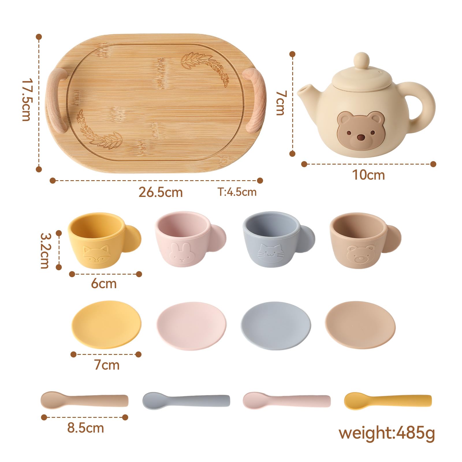 OESSUF Bär Teeservice Kinder Silikon Tee Set für Kinder mit Holz Tablett Küchenzubehör Teeset 14-teiliges, Teeparty Rollenspiele Kinderspielzeug, Geburtstag Geschenk für Mädchen Jungen von 1 2 3