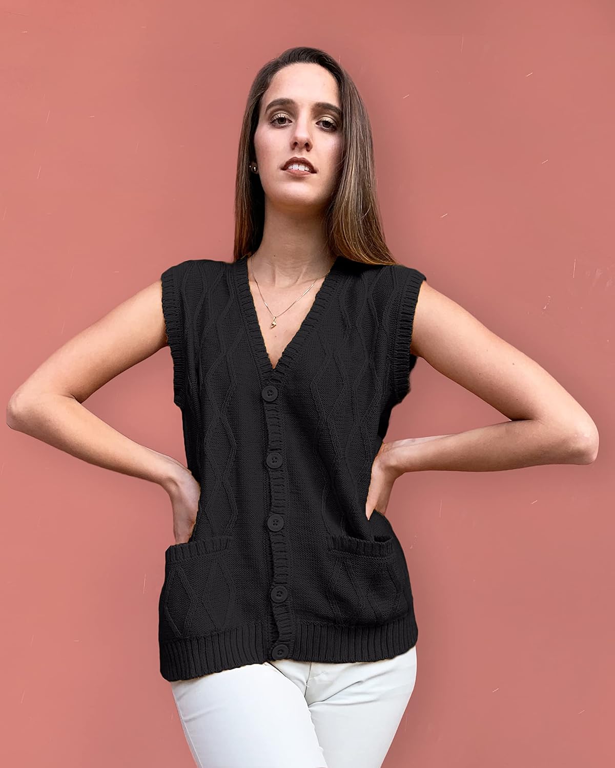 TINKUY Peru Women’s Alpaca Wool V Neck Argyle Cardigan Vest S-4XL - Image 3