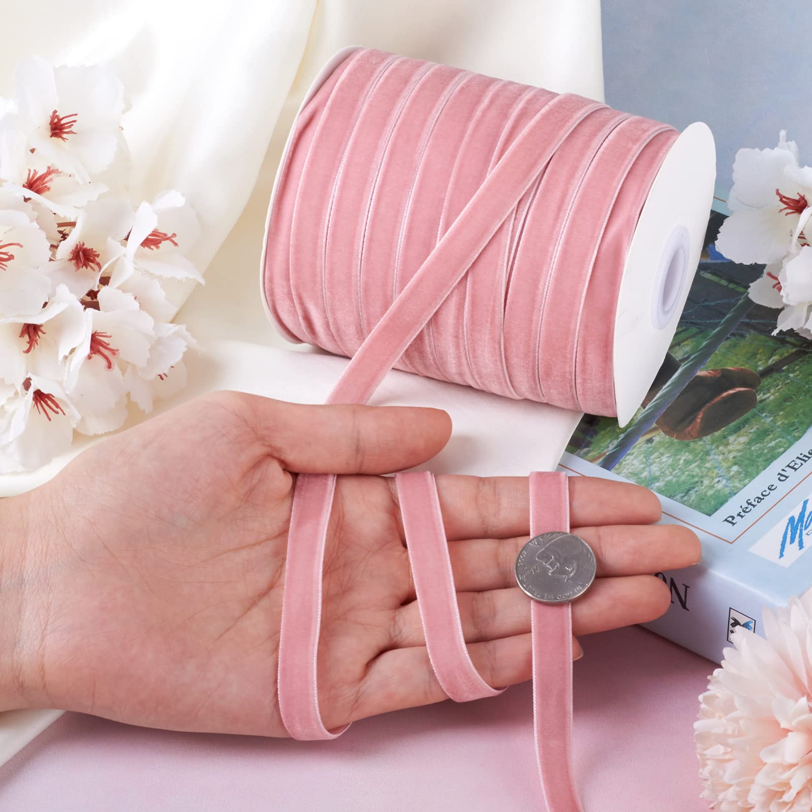PandaHall Nastro di velluto da 50 iarde, 3/8 pollici 10 mm, nastro di velluto a bobina per confezioni regalo, fermaglio per fiocco per capelli, cucito e decorazione per matrimoni (rosa