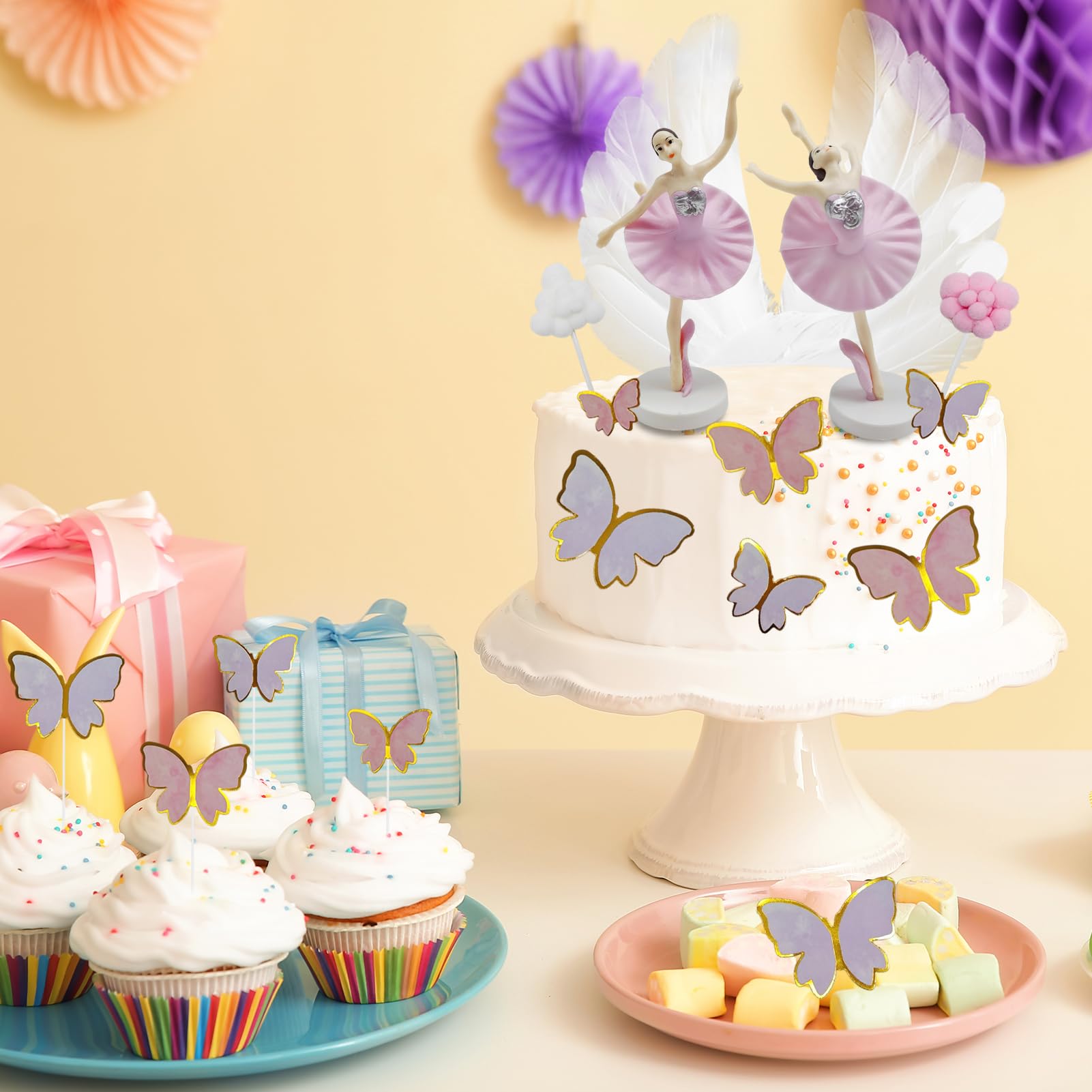 Lot de 5 décorations de gâteau d'anniversaire en forme de danseuse, couronne de perles, ailes de plumes pour fête de mariage, décoration de gâteau d' anniversaire de fille