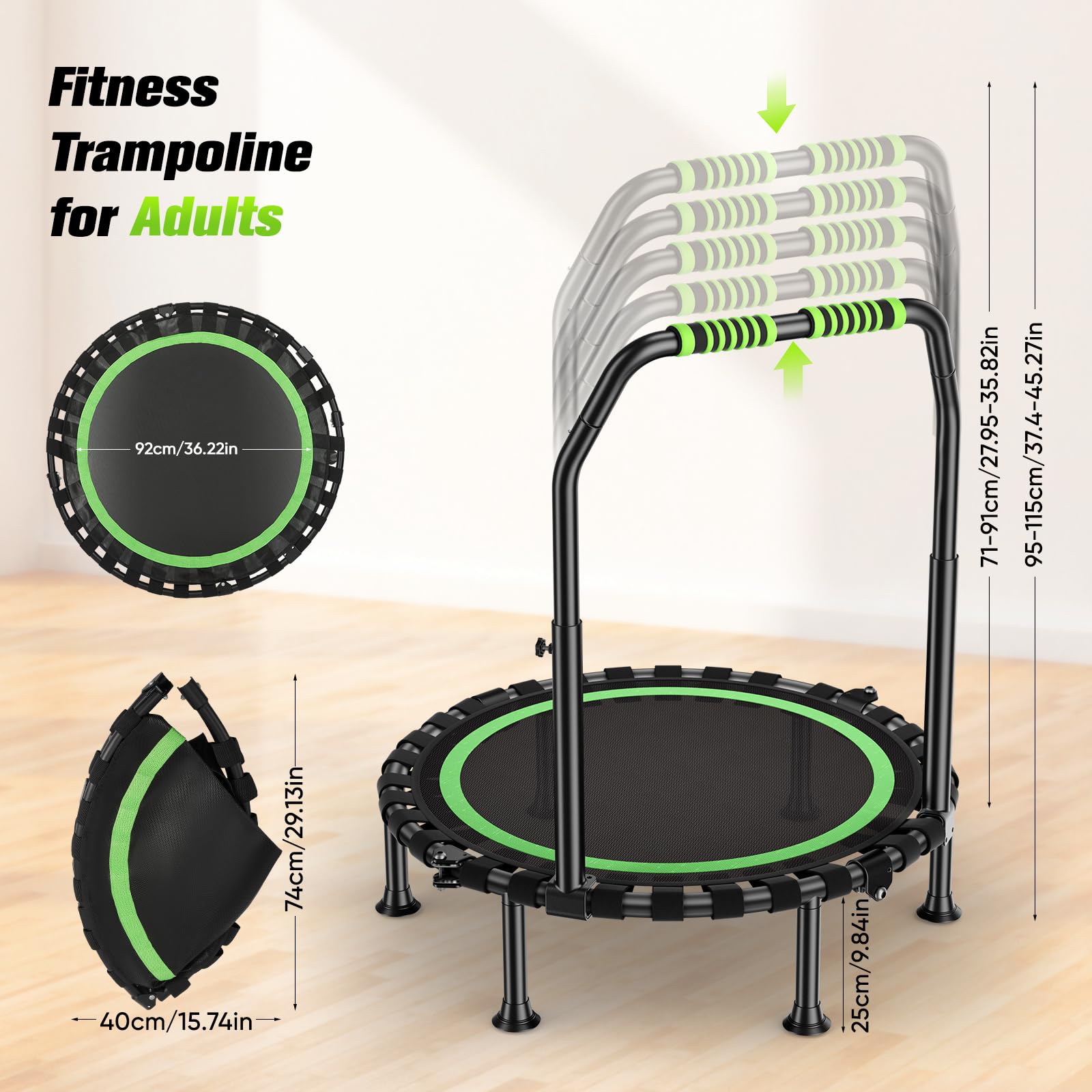 Trampolino pieghevole Ø 101 cm, per jumping fitness, portata 150 kg, altezza del corrimano regolabile, allenamento di resistenza, diversi gruppi di persone