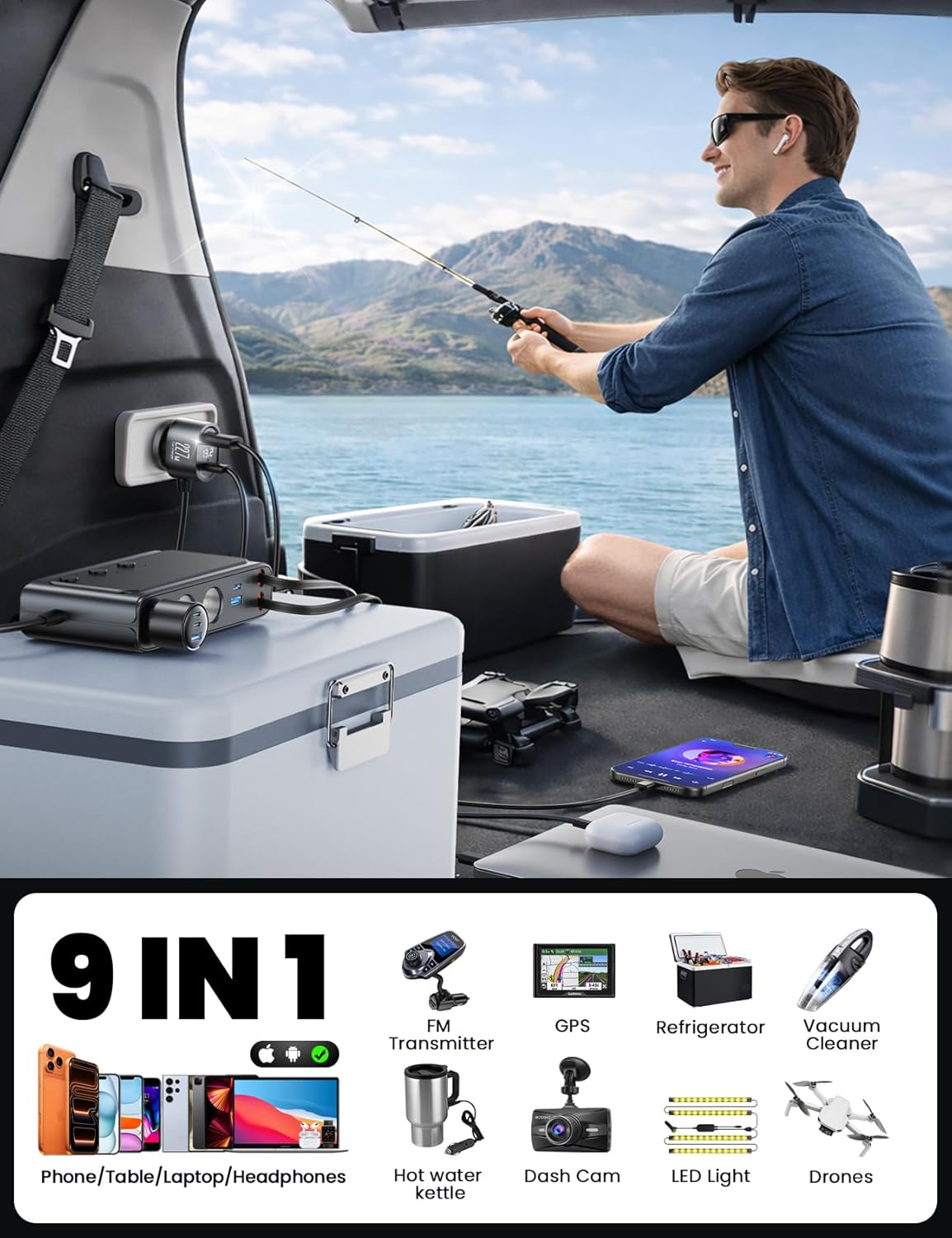 Close-up of the JOYROOM JR-CL31's LED voltage display in a car, showing battery voltage readings.