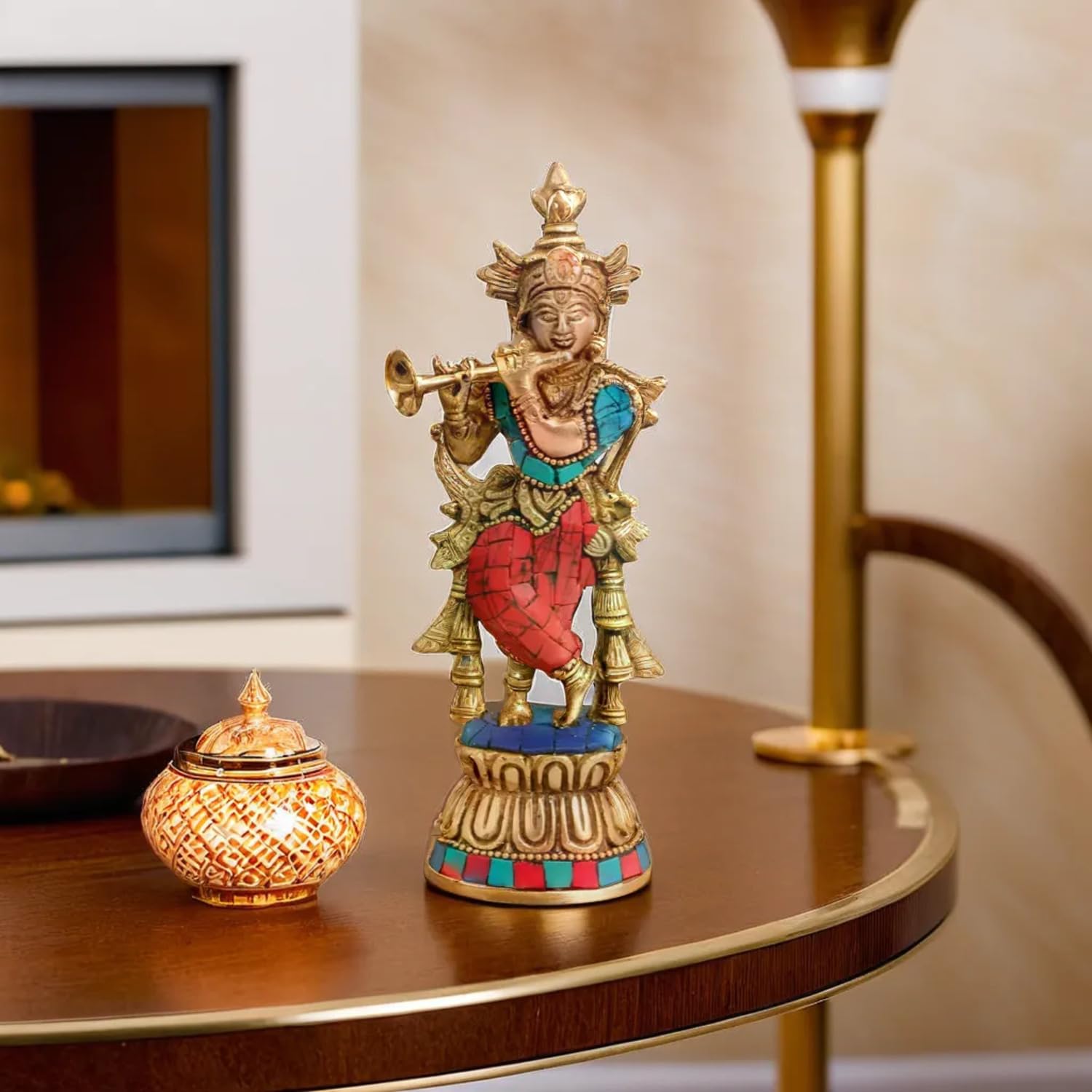 Kartique Brass Krishna Bhagwan Idol Murli Statue Murti Gift for Home Mandir Decor God Deity Lord Religious Marriage Gift Multicolor Stone Work Height 6.5Inch - Image 7 thumbnail