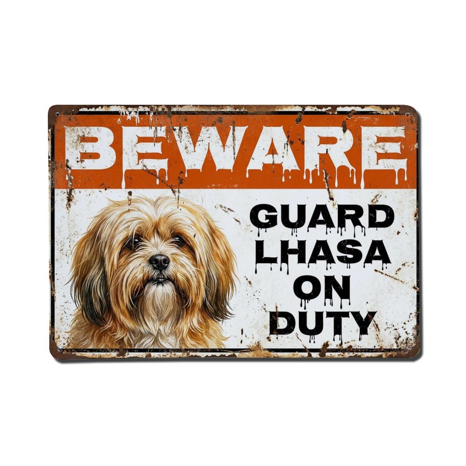 Vintage Funny Lhasa Guard Beware of Dog Corner Metal Tin Sign