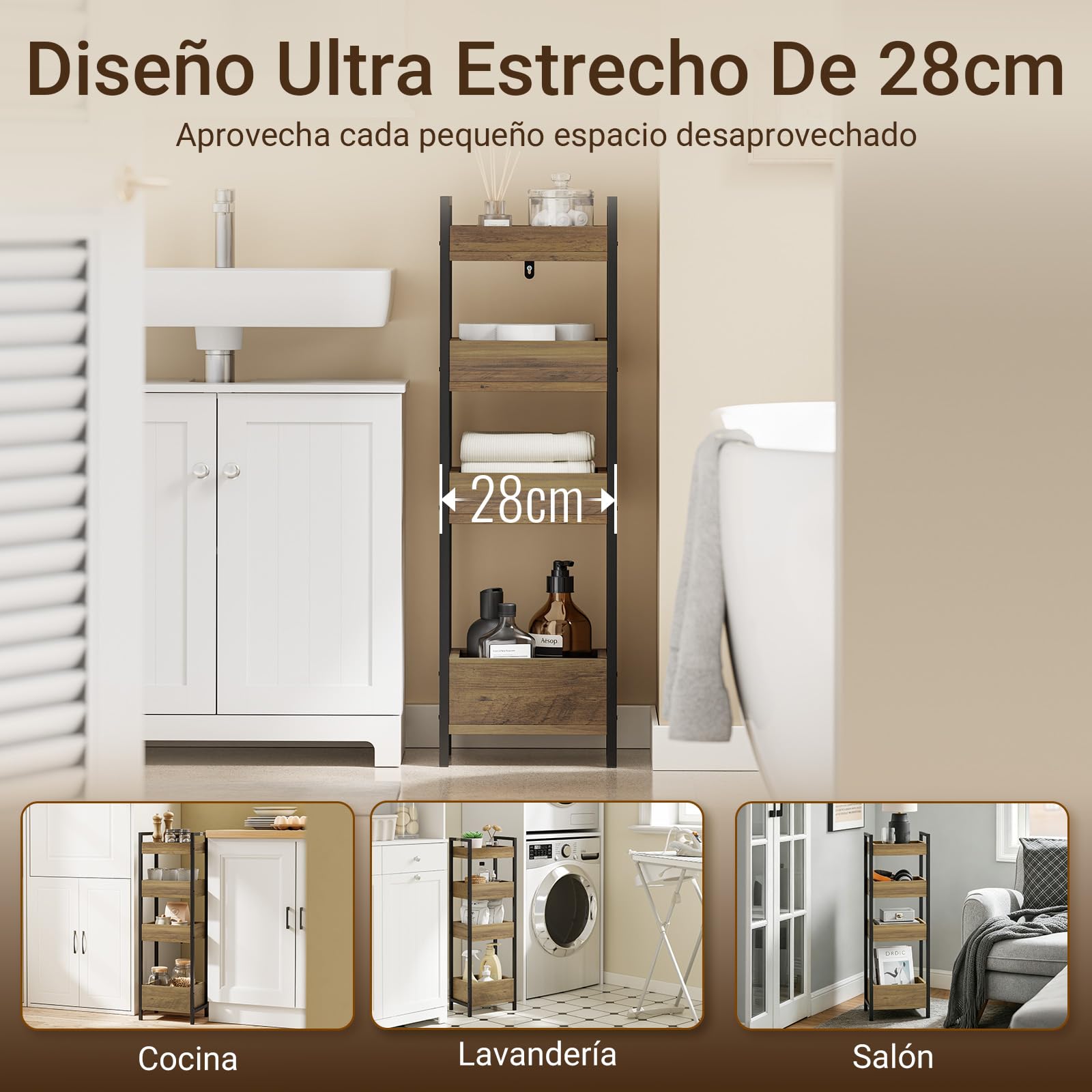 SoBuy Mueble Baño Auxiliar Estrecho 4 Estantes 20cm para WC | Diseño Industrial Mueble Baño Estrecho Madera y Metal Negro Marrón FRG226-H-F