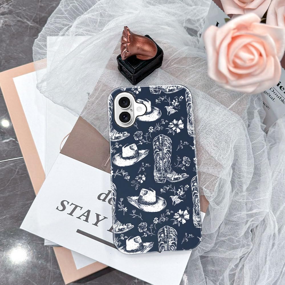 Case Compatible with iPhone 16,Fall Prevention Glossy Hybrid 2-Layer Hard Shell Cases for Girls Boys,Western Cowgirl Flower - Image 5