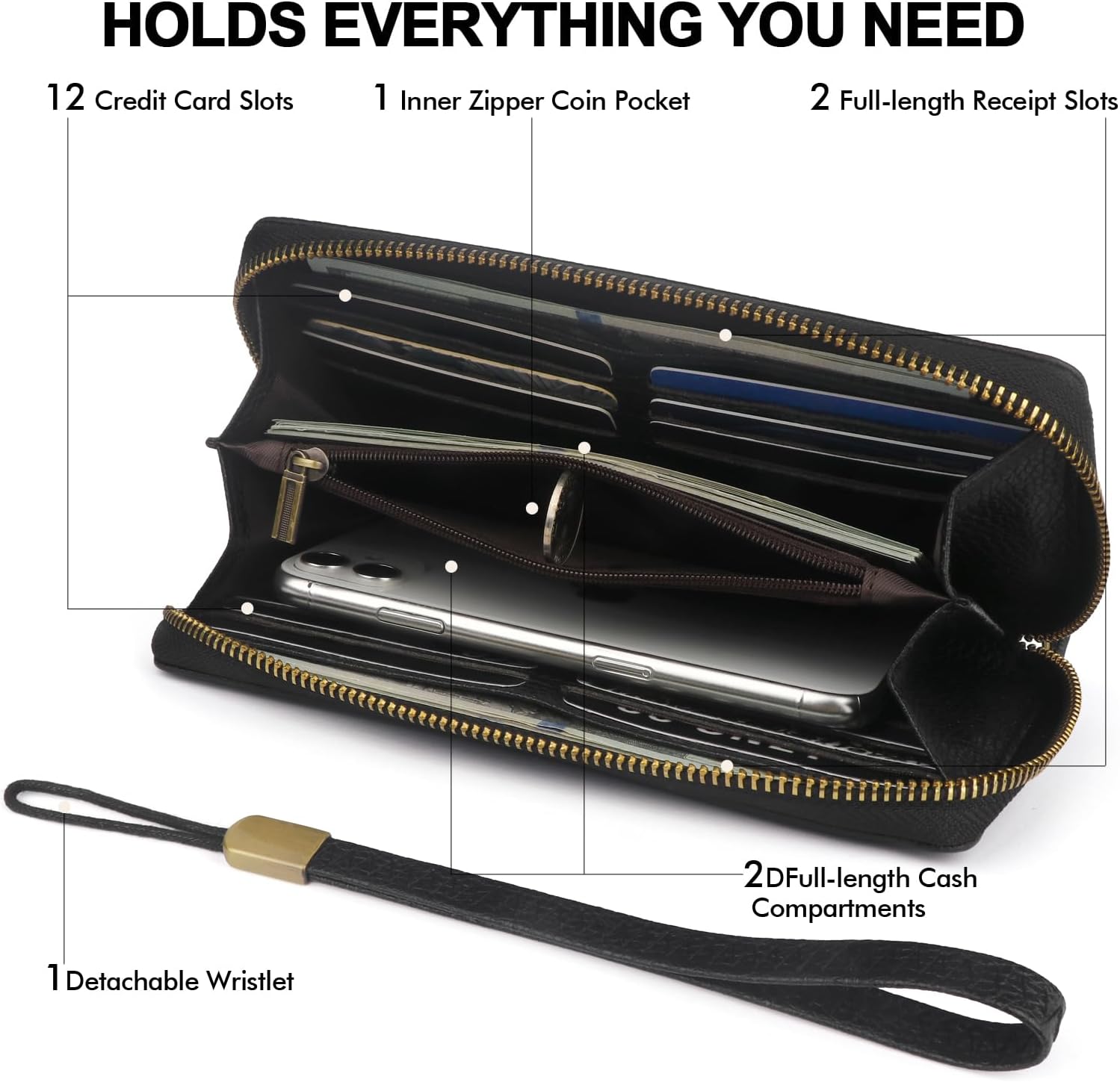 Leather Womens Wallet with Embossed Flowers,RFID Blocking Long Wallet For Women Large Capacity Wristlet With Card Holder Zip Coin Pocket(black) | Embossed Flowers, RFID Blocking, Large Capacity, Wristlet, Real Leather, Card Holder - Image 3