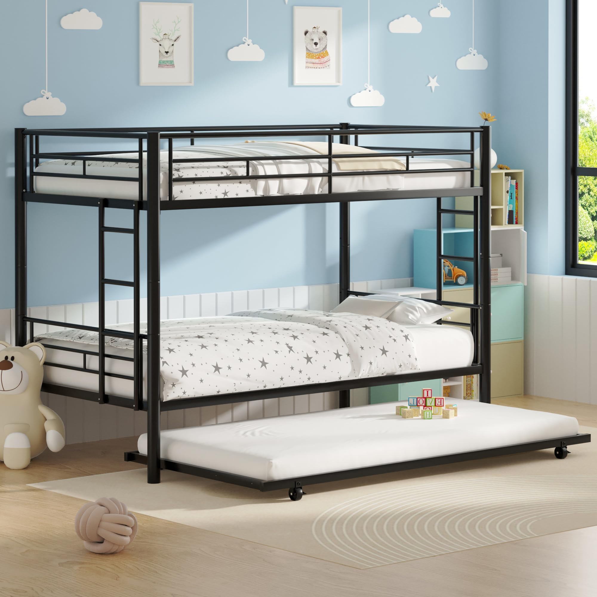 VECELO Bunk Bed Twin Over Twin with Trundle, Metal Bunkbeds with Ladder and Full-Length Guardrail, No Box Spring Needed, Space Saving, Noise Free, Black