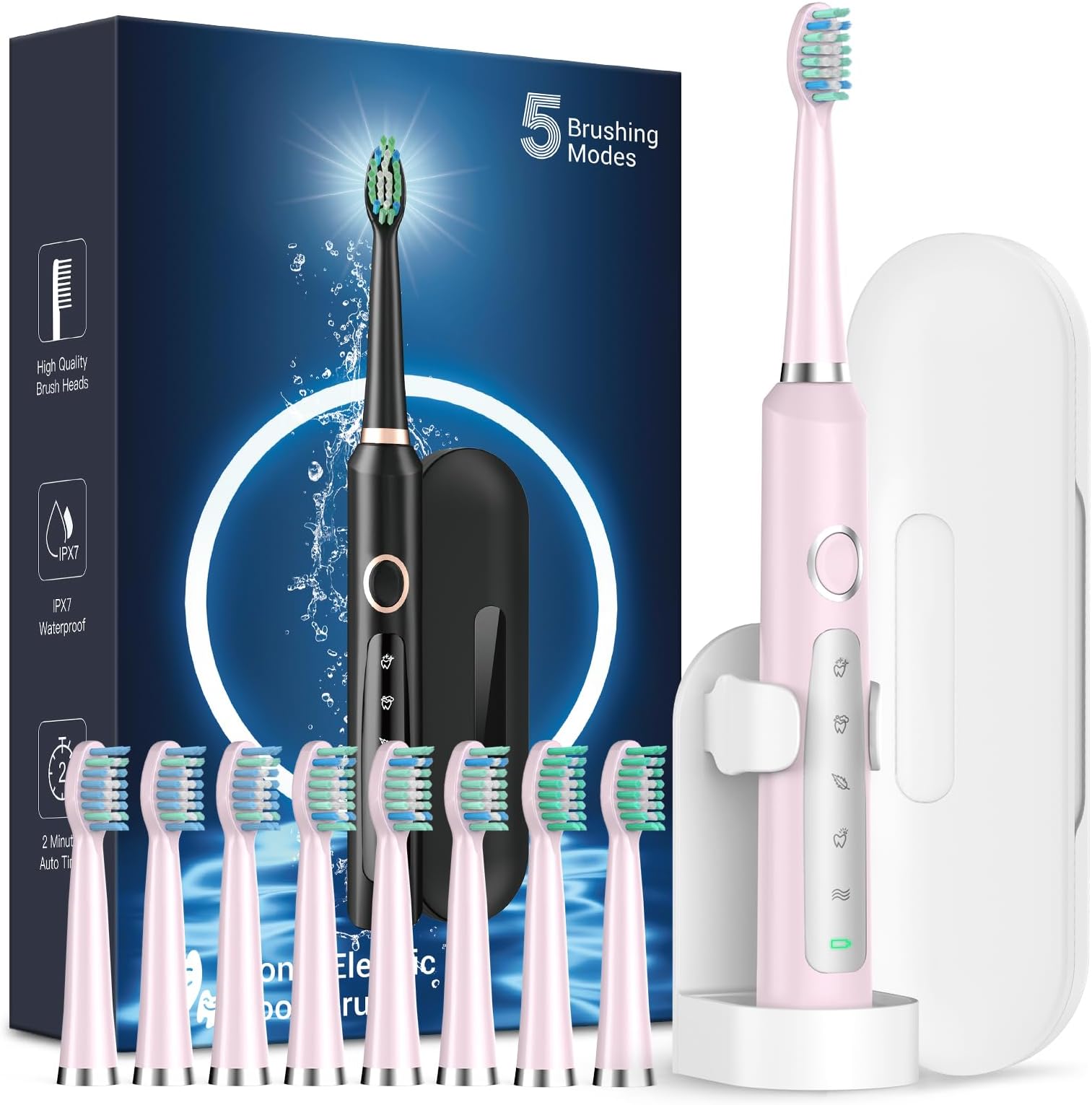 M5 Sonic Electric Toothbrush for Adults and Kids - Rechargeable Electric Toothbrush Kids Ages 12+ and Adults with 8 Brush Heads & Travel Case, 120 Days Battery Life - Sakura Pink